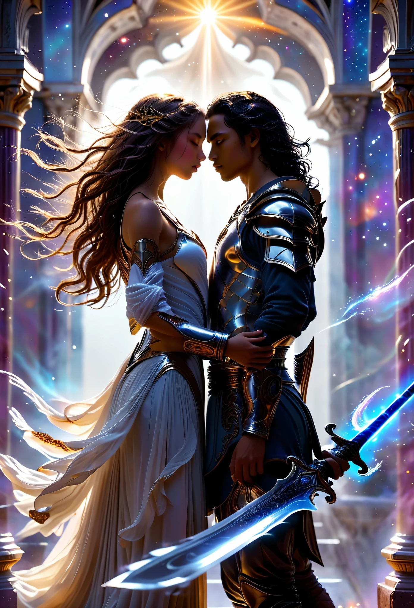 A detailed photograpy of a Loving couple in a celestial landscape, young dark-skinned couple in their 20s, on a battlefield, they fight together, a man and a woman, he is a warrior prince with long curly brown hair, he has two swords, she is a mtan-skinned blonde warrior princess with grey eyes, she has a spear, Full body, 8K, extremely detailed, high quality, (photorealistic:1.37), Full body, ideal proportions and defined complexion, meticulously crafted features, unreachable beauty, perfection, breathtaking elegance, g curves, goddess-like figures, divine symmetry, artistic masterpieces, vivid realism, hyper-detailed sculptures, life-like forms, truly awe-inspiring, impeccable craftsmanship, pure radiance, ethereal beauty, delicate contours, striking poses, sublime beauty, subtle nuances, dynamic compositions, vibrant colors, perfect lighting, soulful expressions, celestial aura, majestic presence, dreamlike atmosphere, unmatched gdetailed octane render trending on artstation, 8 k artistic photography, photorealistic concept art, soft natural volumetric cinematic perfect light, chiaroscuro, award - winning photograph, masterpiece, perfect composition, beautiful detailed intricate insanely
