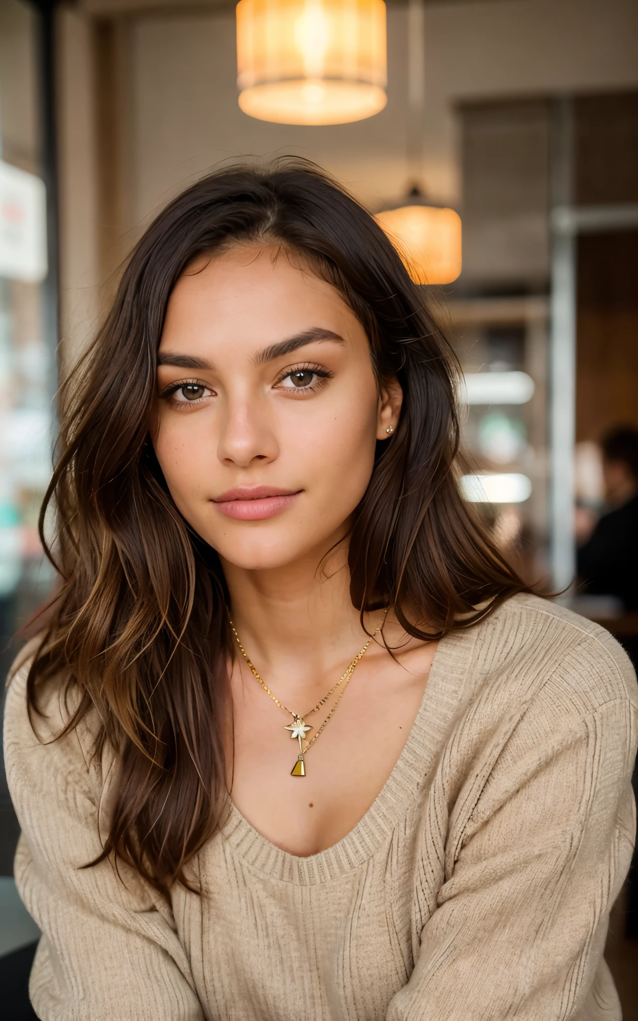 Beautiful brownie in beige sweater (Drink coffee in a modern café at sunset), Very detailed, 21 years old, Innocent face, Natural wavy hair, Brown eyes, High resolution, Golden Necklace, masutepiece, Best Quality, Intricate details, Highly detailed, Sharp Focus, Detailed skin, Realistic skin texture, Texture, Detailed eyes, Professional, 4K, Charming smile, shot in Canon, 85 mm, Shallow depth of field,  Kodak Vision Color, Perfect Fit Body, Extremely detailed, a picture_\(Ultras\), Photorealistic, Realistic, Post-processing, Maximum Detail, Roughness, Real life, A hyper-realistic, Photorealism, Photography, 8K UHD, Photography