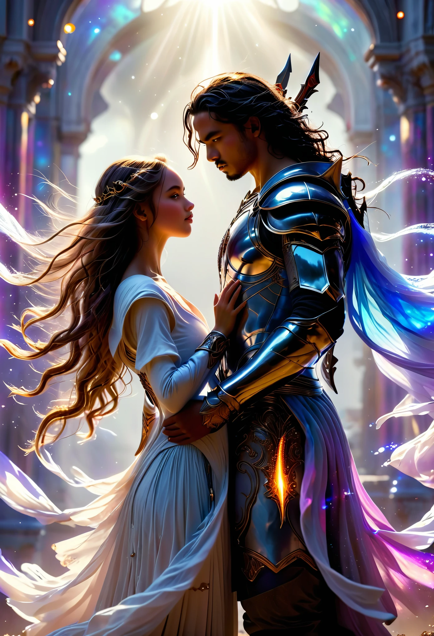 A High quality HD photograpy of a Loving couple in a celestial landscape, young dark-skinned couple in their 20s, on a battlefield, they fight together, a man and a woman, he is a warrior prince with long curly brown hair, he has two swords, she is a mtan-skinned blonde warrior princess with grey eyes, she has a spear, Full body, 8K, extremely detailed, high quality, (photorealistic:1.37), Full body, ideal proportions and defined complexion, meticulously crafted features, unreachable beauty, perfection, breathtaking elegance, g curves, goddess-like figures, divine symmetry, artistic masterpieces, vivid realism, hyper-detailed sculptures, life-like forms, truly awe-inspiring, impeccable craftsmanship, pure radiance, ethereal beauty, delicate contours, striking poses, sublime beauty, subtle nuances, dynamic compositions, vibrant colors, perfect lighting, soulful expressions, celestial aura, majestic presence, dreamlike atmosphere, unmatched gdetailed octane render trending on artstation, 8 k artistic photography, photorealistic concept art, soft natural volumetric cinematic perfect light, chiaroscuro, award - winning photograph, masterpiece, perfect composition, beautiful detailed intricate insanely
