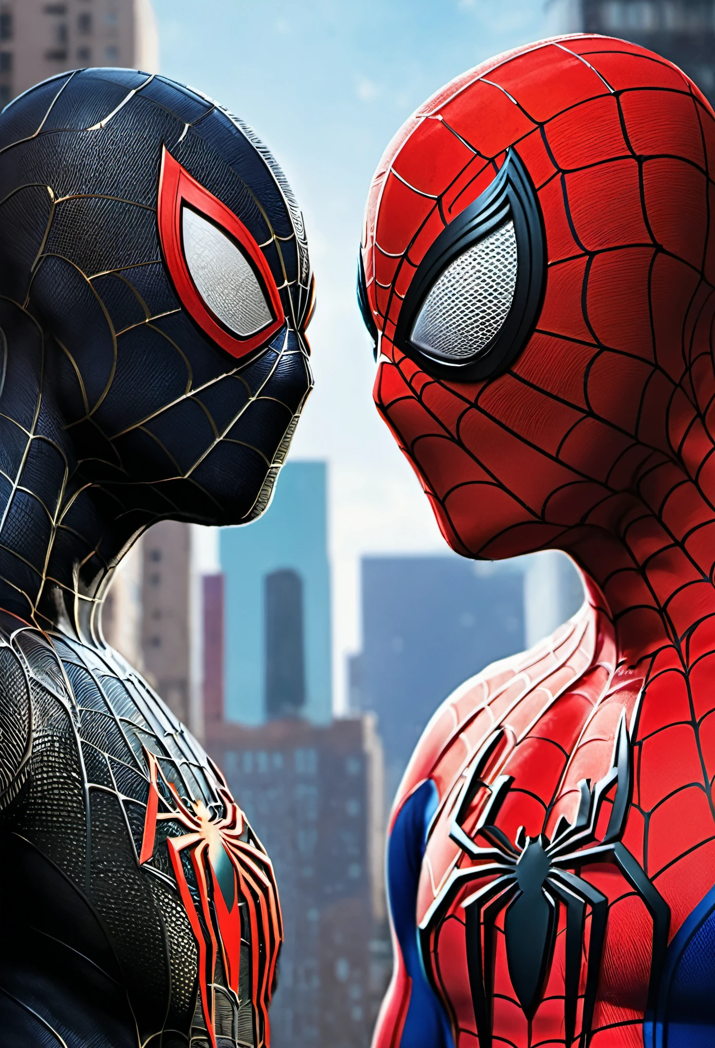 Spider-Man with two different faces, (Vertical splicing:1.5), half human, Banxia, People and heroes are of the same mind, With perfect details, animation art style, Large murals, Bright contrast between light and dark, strong facial expressions, octane rendering, 2.5D