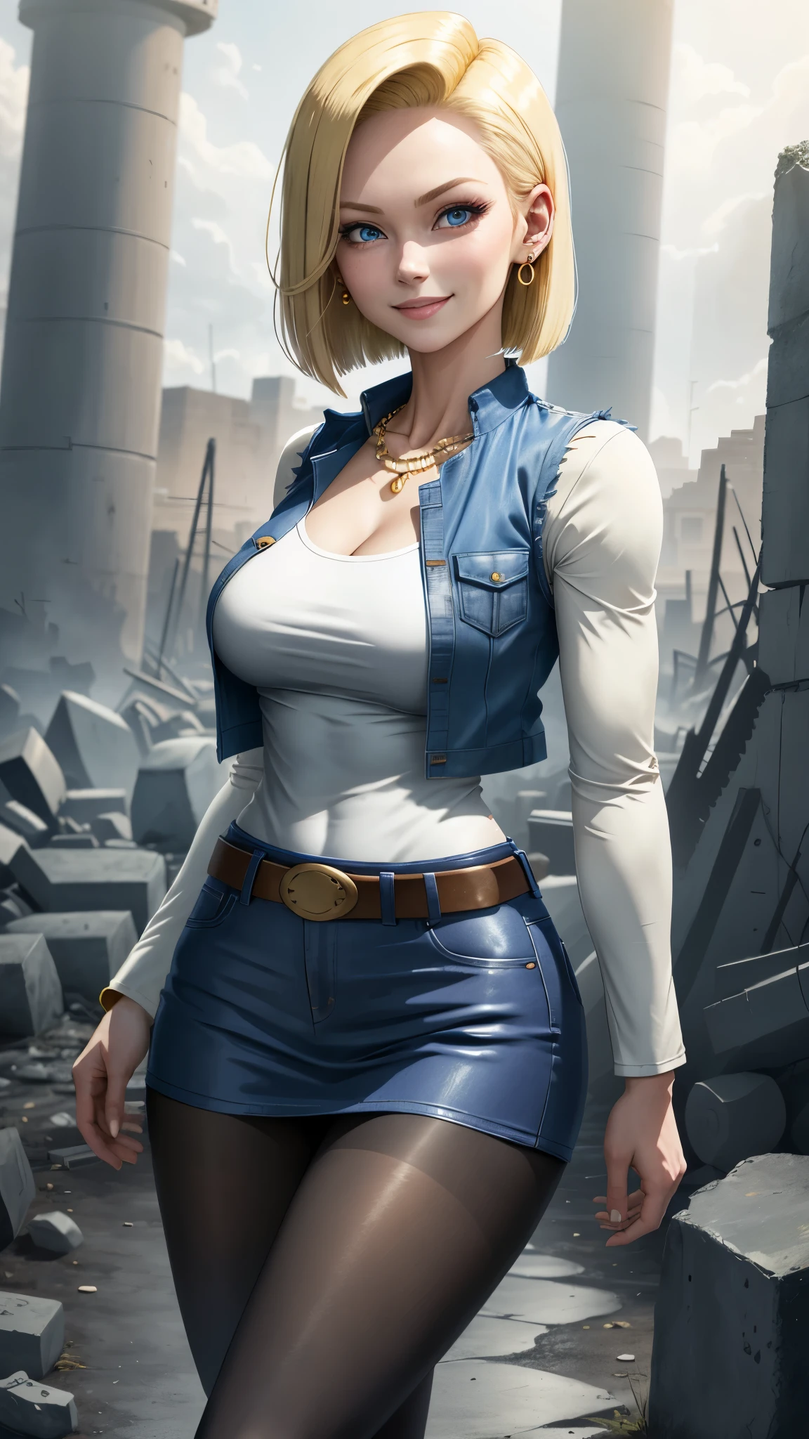 best quality, high-res, and18, 1girl, android 18, solo, blonde hair, blue eyes, belt, blue demin bodycon micro skirt, gold necklace, black shirt, short hair, long sleeves, white striped sleeves, earrings, open vest, blue denim vest, large breasts, cowboy shot, forest, straight-on, (weather: windy), relaxed stance, full length pantyhose, battle ruins, wide hips, shy smile,