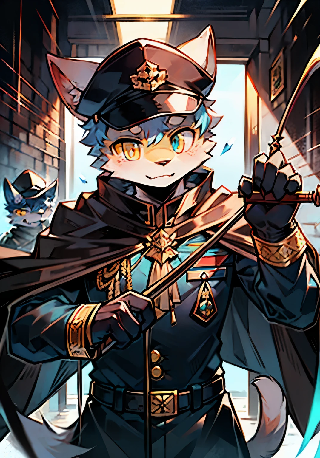 the highest picture quality,Delicate painting style,Delicate hook lines,finely detailed skin,Delicate hair,Delicate hands,Delicate eyes,Normal eyes,White dog ears,shaggy,Yellow eyes,handsome,Cat style,Shota,barrack, Purple pupils, Interrogation room, Criminal Department,, Dappled light and shadow, boy,Shota,There are bright eyes of God,White fur,Black military uniform,Black military cap,Large brimmed hat,Ss,Red armbands,Wears red armbands,Black cape,Black cloak,Hold a long leather whip in your hand,,attack,Cold,Fierce,Cold,ruthless