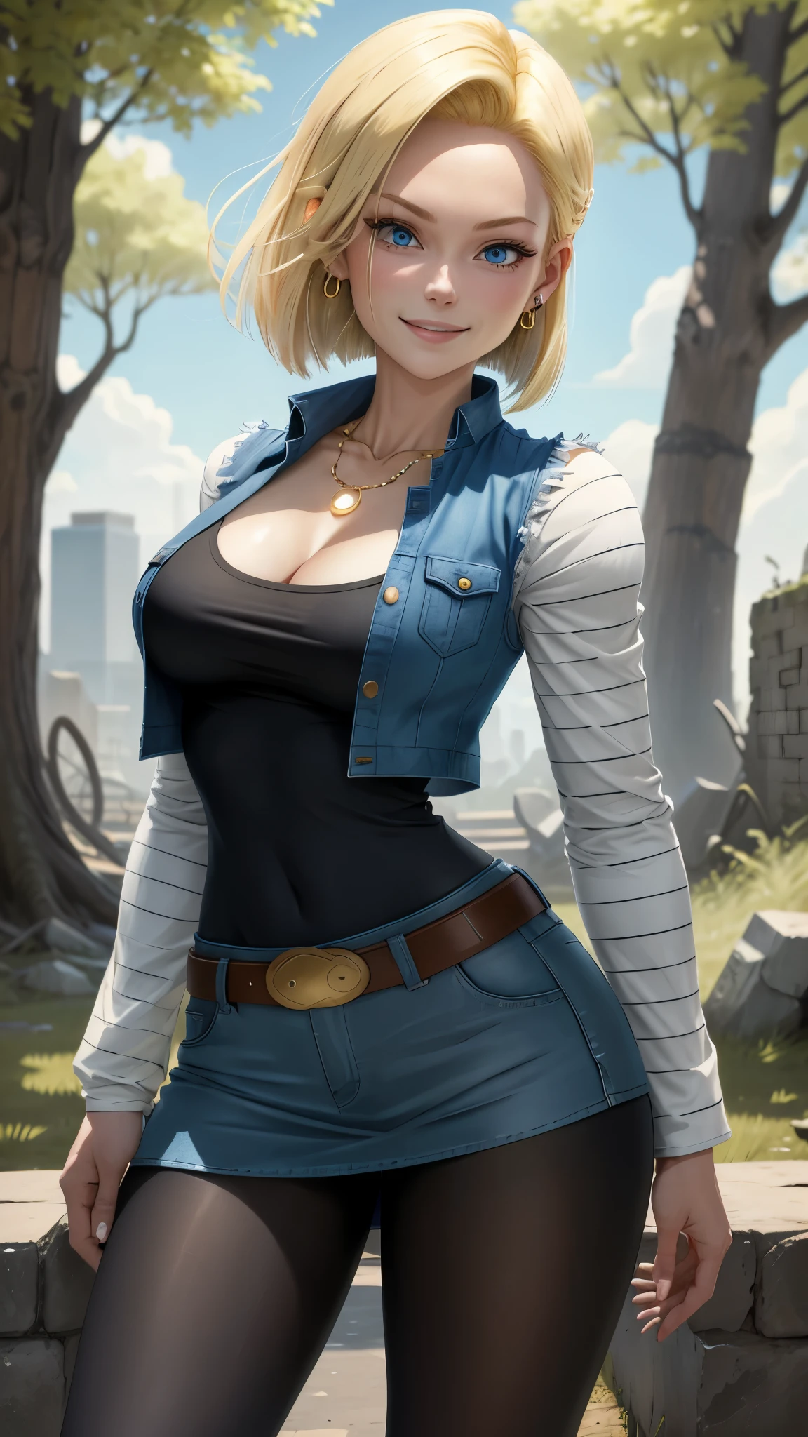 best quality, high-res, and18, 1girl, android 18, solo, blonde hair, blue eyes, belt, blue demin bodycon micro skirt, gold necklace, black shirt, short hair, long sleeves, white striped sleeves, earrings, open vest, blue denim vest, large breasts, cowboy shot, forest, straight-on, (weather: windy), relaxed stance, full length pantyhose, battle ruins, wide hips, shy smile,