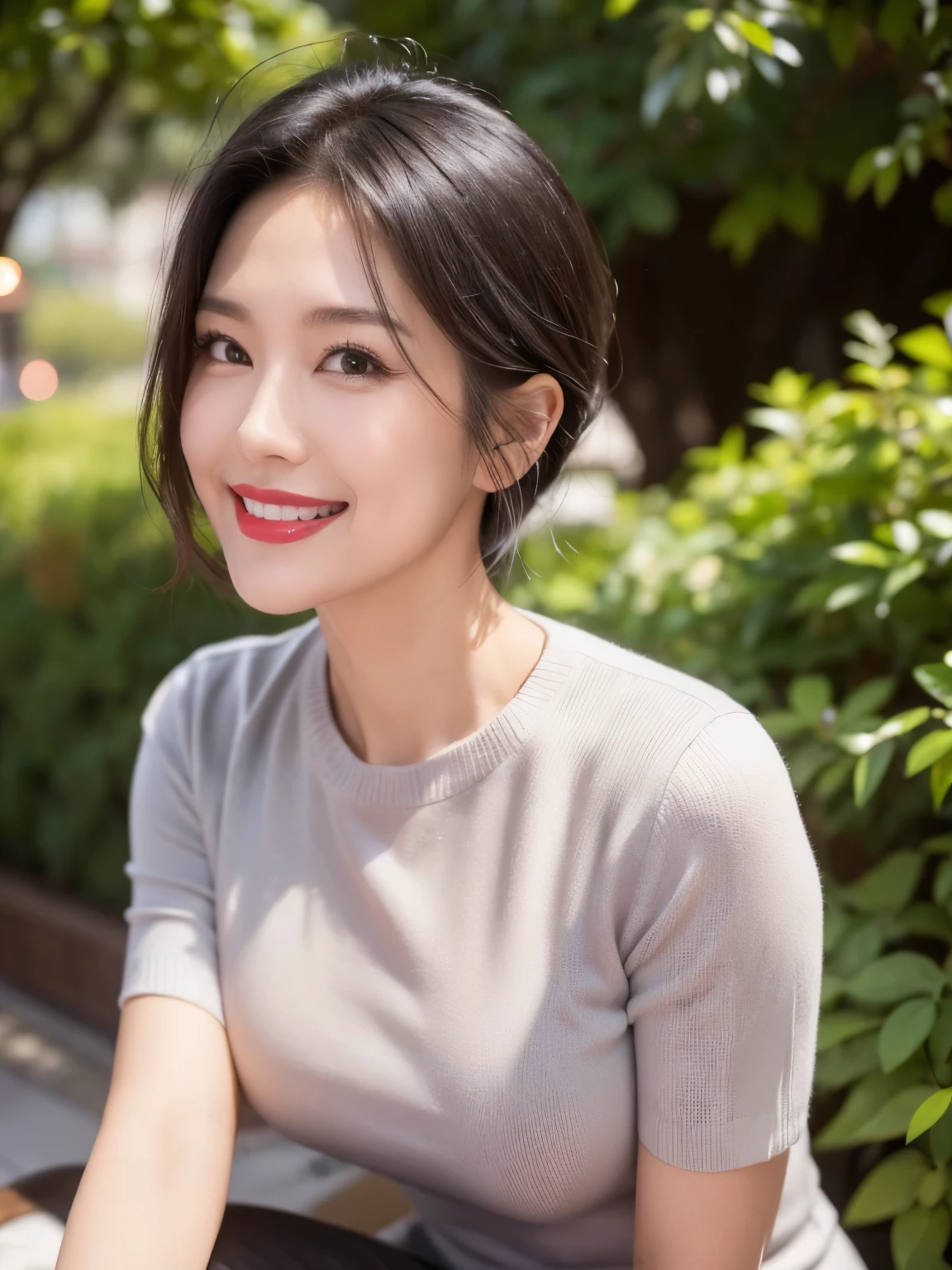 draw lips correctly, red lipstick, from the chest up, highest quality, Super detailed, lifelike, super fine skin, perfect anatomy, (1 日本mature的女人), (alone)，Gray crewneck sweater dress，short sleeve，short black hair，woman, 37 years old，mature，cute smile，garden background，stand，I gained a little weight，I gained a little weight，Medium chest，full body shot。