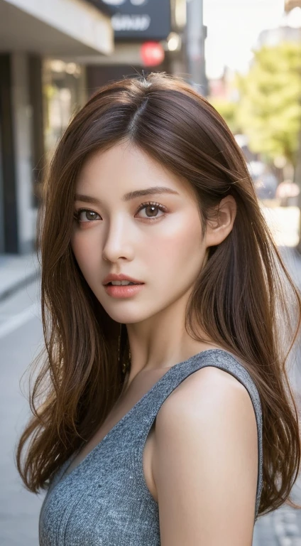 ((highest quality, 8k, masterpiece: 1.3)), sharp focus: 1.2, beautiful woman with perfect style: 1.4, thin abs: 1.2, ((dark brown hair, big: 1.2)), (Natural light, city street: 1.1), Highly detailed face and skin texture, fine eyes, double eyelid, open your mouth, gentle eyes