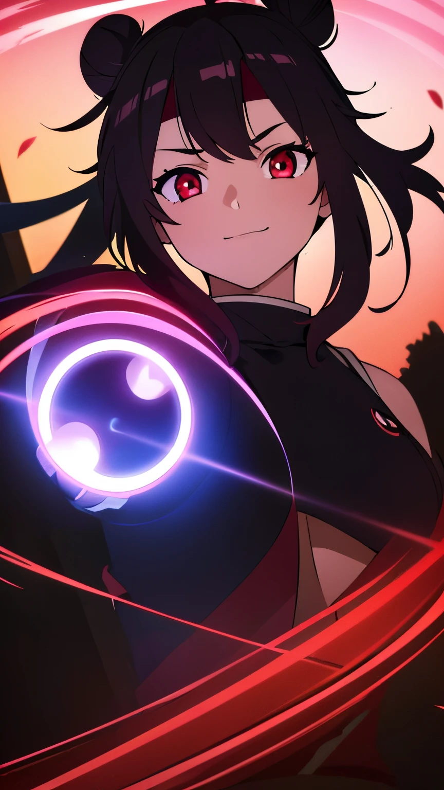 anime visual of a cute girl, young anime girl, an anime girl, ((Black hair)), ((Sharingan eyes)), red eyes, bun pigtails hairstyles, ((shinobi headband)), kunoichi, anbu armor, shinobi clothes, ((outside in the Forrest)), ((red ribbon around hair buns)), black clothes, (glowing eyes), high resolution, extremely detailed CG unity 8k wallpaper, ((masterpiece)), ((top-quality)), (beautiful illustration), ((an extremely delicate and beautiful)), (masterpiece, Best quality, ultra high resolution), 1 girl, pale skin, red eyes, Luminous_eyes, neon red eyes, ultra detailed eyes, Beautiful and detailed face, detailed eyes, (Centered, torso), (wide shot:0.9), facing the viewer, back towards camera, low angle, (floating hair), character focus, ((black light)), ((dark lighting)), cinematic lighting ,(darkness), (concept art), ((Happy face)), dark black hair, ((red eyes)), (wearing red shinobi dress), AAA cup, full body