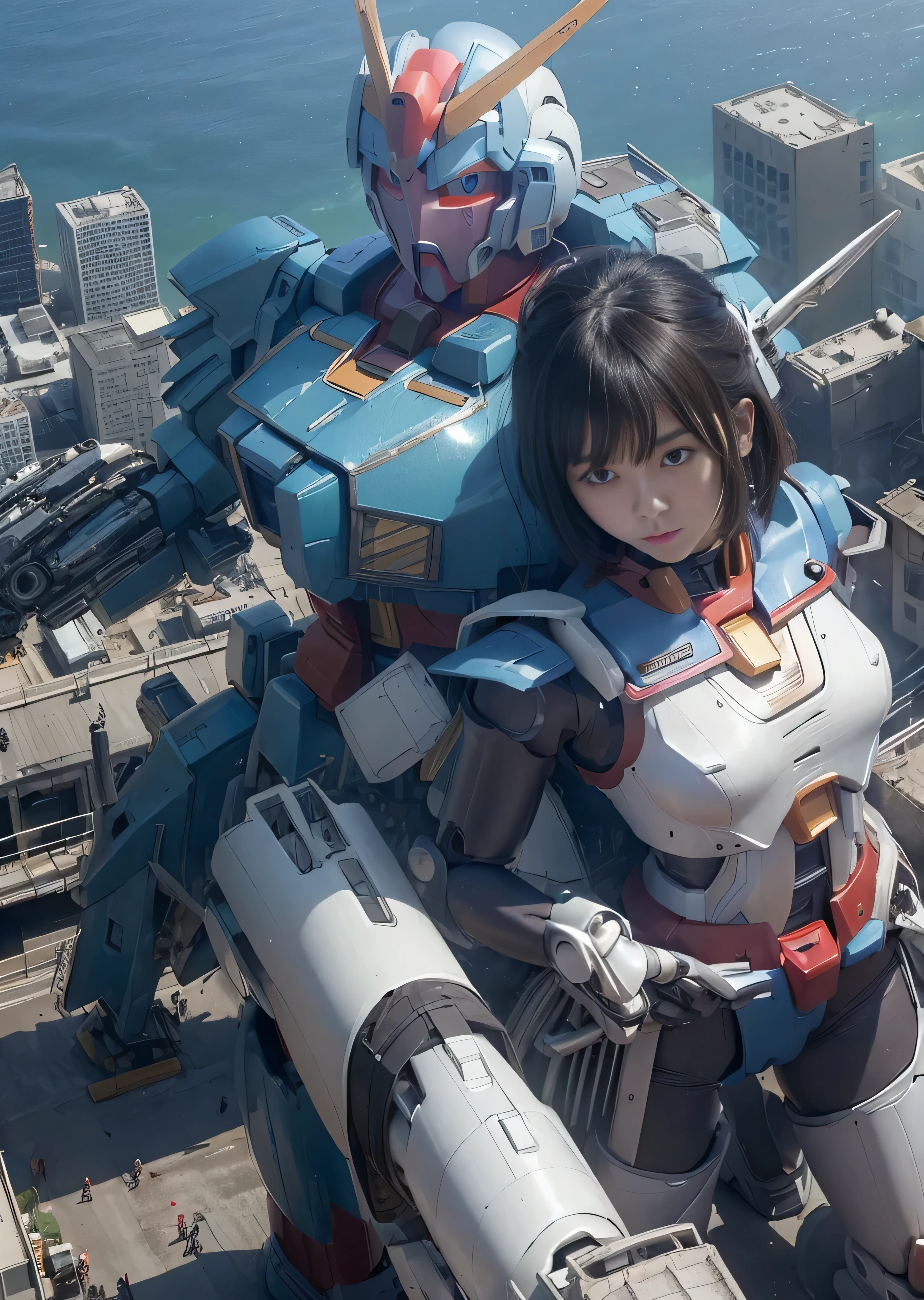 (((RAW image quality:1.4))), ((A giant mechanical woman much bigger than a skyscraper:1.4)), , Japanese, beautiful顔, beautiful艶肌, Super detailed, advanced details, high quality, 最high quality, High resolution, 1080p, hard disk, beautiful,((gundam:1.4)),beautiful almost,She wears futuristic white mechanical parts,mechanical joint, Machine arms and legs, Mechanical parts that protect the bust top, (Cleavage where raw skin is exposed), Raw skin exposed on the lower abdomen., almost naked, perfect proportions, (blue short straight hair), beautiful青い目, very small metropolis。Squat in a miniature metropolis just a few feet tall, stomping city,crash city,small town,micro city, small cars and trains, Configuration from above, deep blue sky, Metal pants that dig into the crotch,