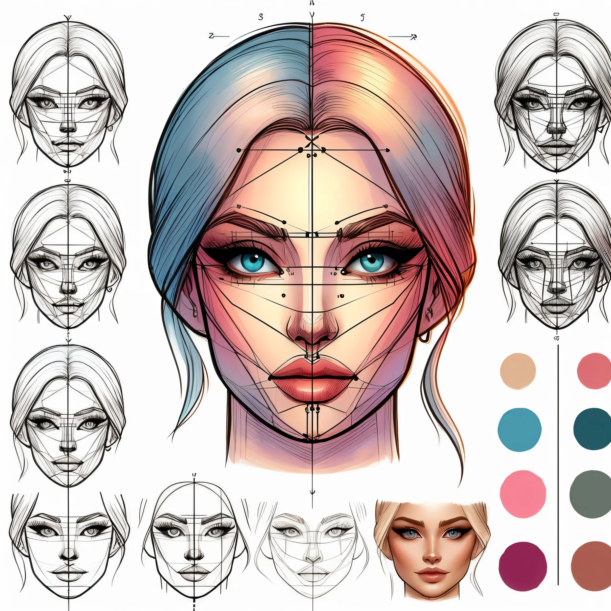 Character design sheet, colors face sketch, process of creating a symmetrical face, symmetrical face design, guide lines, technical sketch, beautiful symmetrical woman face
