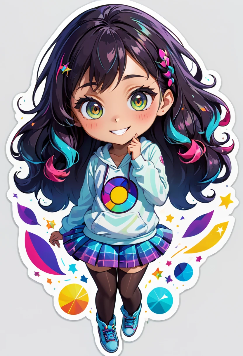 (best quality,highres,ultra-detailed)anime girl,sticker art,shining eyes,long hair,innocent smile,lively pose,White background,vibrant colors,detailed clothing,playful expression,sparkling stickers,geometric shapes,soft shading,anime style,digital illustration,creative composition,bold outlines,stylized elements,unique design,contrast in patterns,expressive eyes,subtle highlights,eye-catching accessories,endearing character,cute and charming,artistic expression,dynamic movement,eye-catching composition,vibrant and energetic,playful and whimsical,colored hair,contrast in textures,eye-catching details,cheerful personality,sense of joy,positive vibes,adorable and lively,artistic imagination,visual storytelling,creative and imaginative,input of emotions.