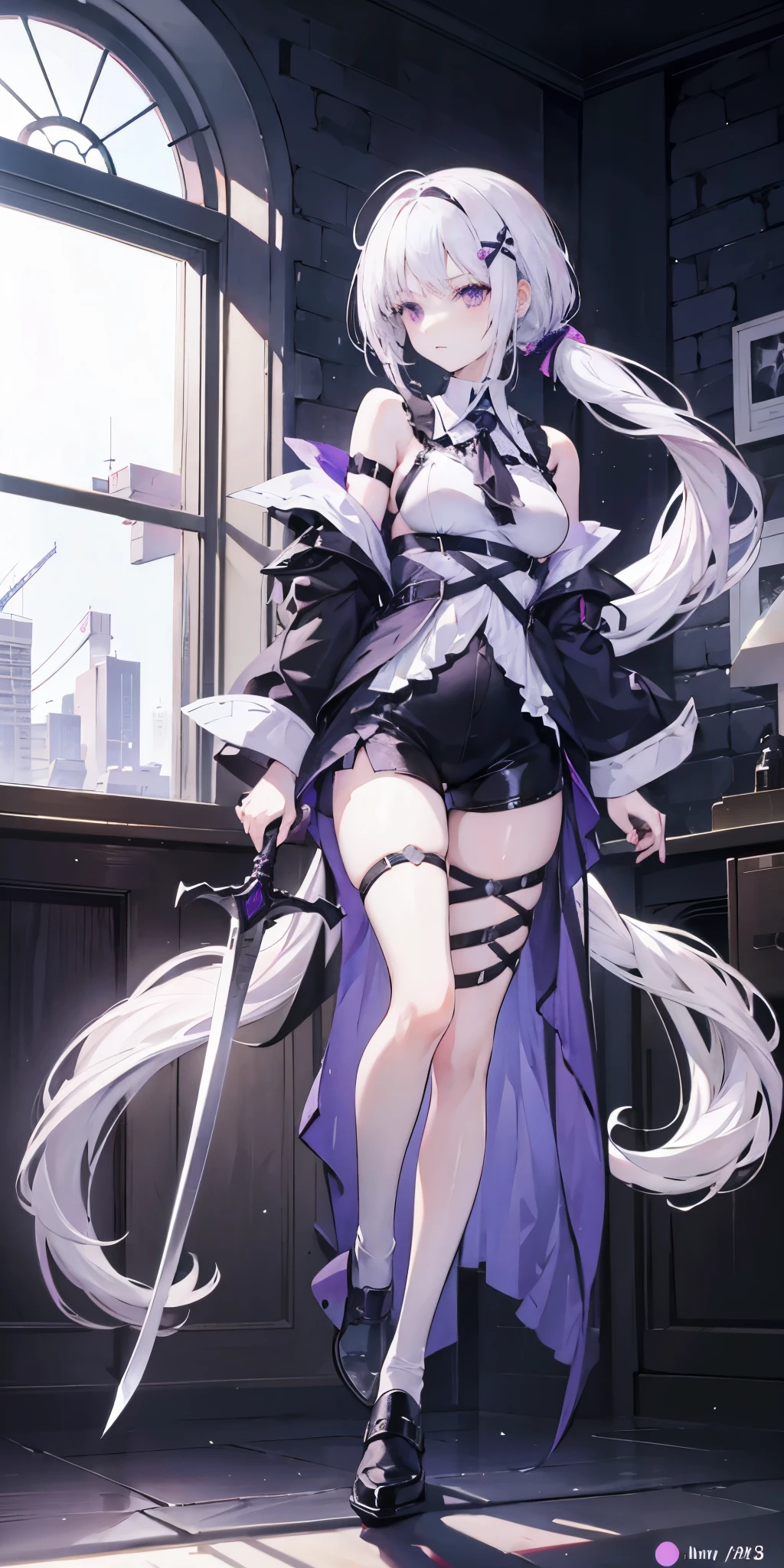 1 girl, medium breasts, purple eyes, (((white hair))), hair accessories, High, young, Equipment-Sword, long hair, tie hair, indoors, black shorts, Raise your legs high, low ponytail