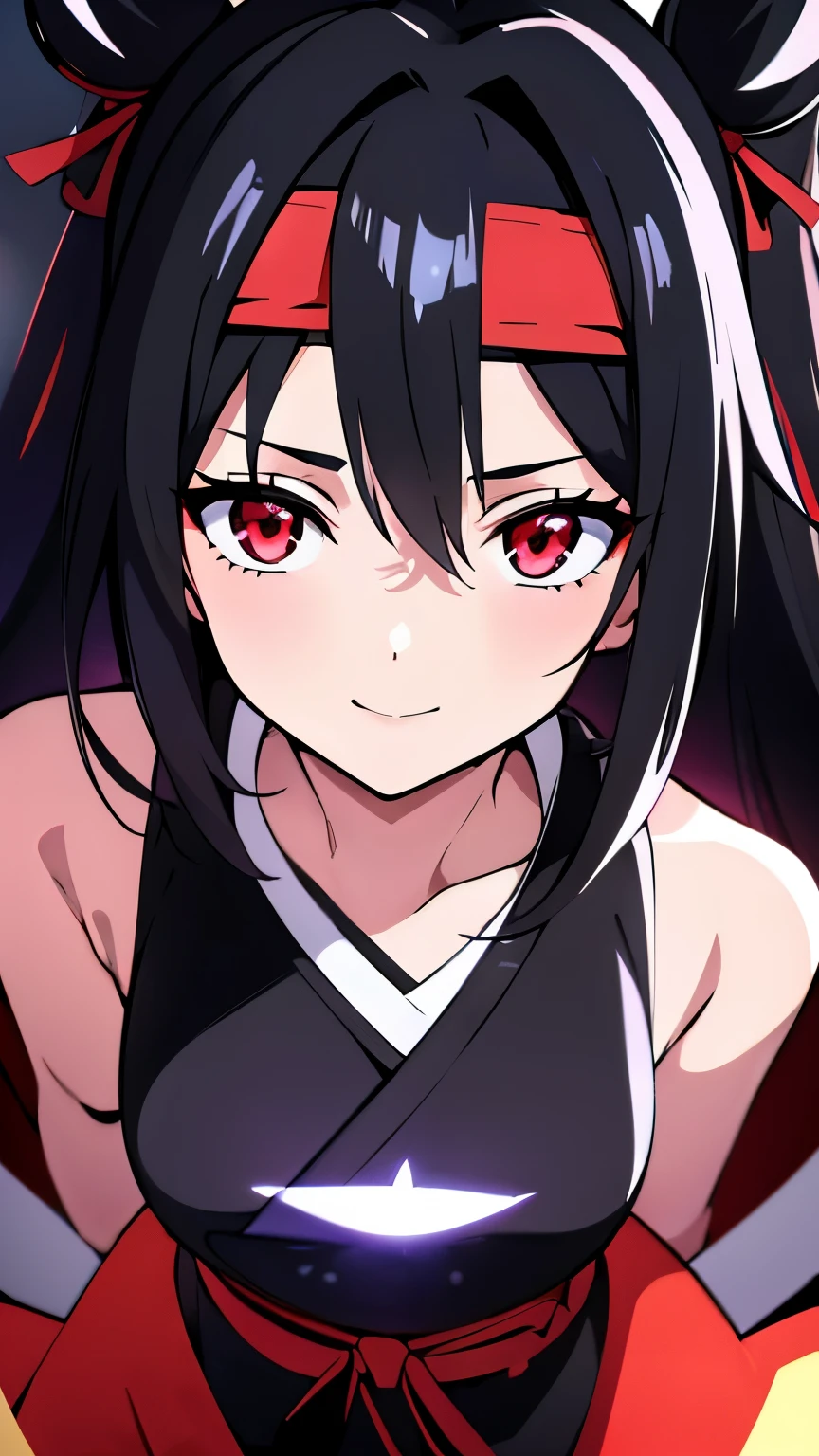 anime visual of a cute girl, young anime girl, an anime girl, ((Black hair)), ((Sharingan eyes)), red eyes, bun pigtails hairstyles, ((shinobi headband)), kunoichi, anbu armor, shinobi clothes, ((outside in the Forrest)), ((red ribbon around hair buns)), black clothes, (glowing eyes), high resolution, extremely detailed CG unity 8k wallpaper, ((masterpiece)), ((top-quality)), (beautiful illustration), ((an extremely delicate and beautiful)), (masterpiece, Best quality, ultra high resolution), 1 girl, pale skin, red eyes, Luminous_eyes, neon red eyes, ultra detailed eyes, Beautiful and detailed face, detailed eyes, (Centered, torso), (wide shot:0.9), facing the viewer, back towards camera, low angle, (floating hair), character focus, ((black light)), ((dark lighting)), cinematic lighting ,(darkness), (concept art), ((Happy face)), dark black hair, ((red eyes)), (wearing red shinobi dress), AAA cup, full body