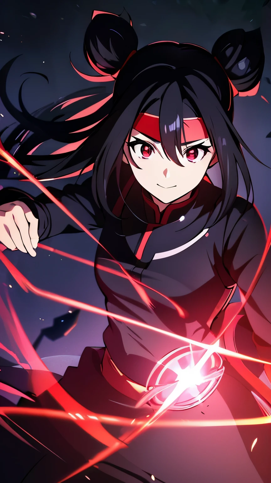 anime visual of a cute girl, young anime girl, an anime girl, ((Black hair)), ((Sharingan eyes)), red eyes, bun pigtails hairstyles, ((shinobi headband)), kunoichi, anbu armor, shinobi clothes, ((outside in the Forrest)), ((red ribbon around hair buns)), black clothes, (glowing eyes), high resolution, extremely detailed CG unity 8k wallpaper, ((masterpiece)), ((top-quality)), (beautiful illustration), ((an extremely delicate and beautiful)), (masterpiece, Best quality, ultra high resolution), 1 girl, pale skin, red eyes, Luminous_eyes, neon red eyes, ultra detailed eyes, Beautiful and detailed face, detailed eyes, (Centered, torso), (wide shot:0.9), facing the viewer, back towards camera, low angle, (floating hair), character focus, ((black light)), ((dark lighting)), cinematic lighting ,(darkness), (concept art), ((Happy face)), dark black hair, ((red eyes)), (wearing red shinobi dress), AAA cup, full body