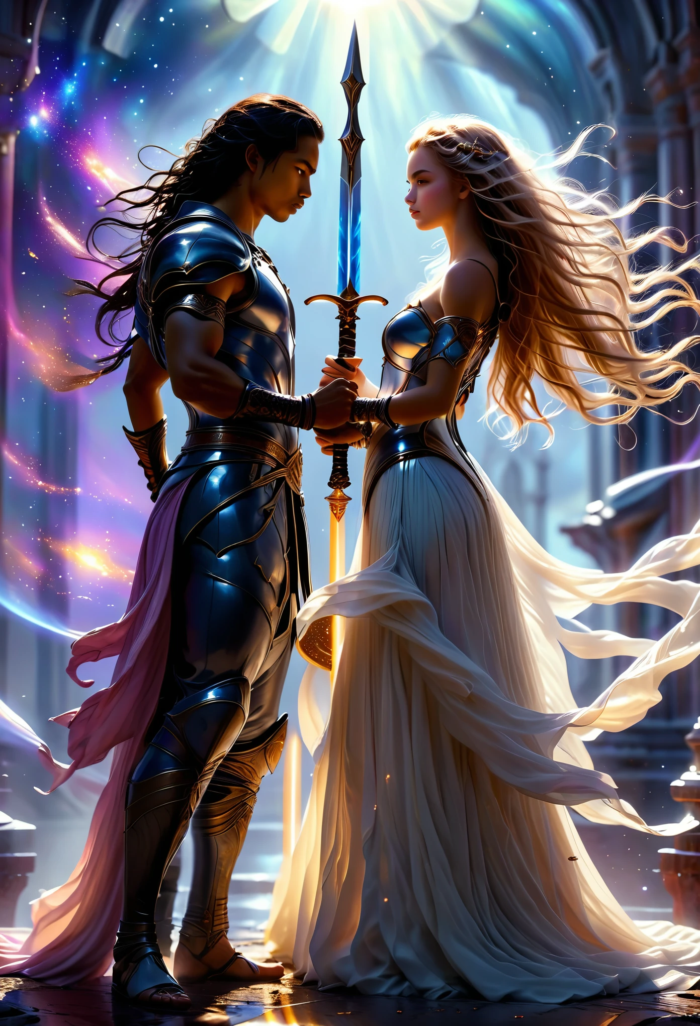 A realistic photograpy of a Loving couple in a celestial landscape, young dark-skinned couple in their 20s, on a battlefield, they fight together, a man and a woman, he is a warrior prince with long curly brown hair, he has two swords, she is a mtan-skinned blonde warrior princess with grey eyes, she has a spear, Full body, 8K, extremely detailed, high quality, (photorealistic:1.37), Full body, ideal proportions and defined complexion, meticulously crafted features, unreachable beauty, perfection, breathtaking elegance, g curves, goddess-like figures, divine symmetry, artistic masterpieces, vivid realism, hyper-detailed sculptures, life-like forms, truly awe-inspiring, impeccable craftsmanship, pure radiance, ethereal beauty, delicate contours, striking poses, sublime beauty, subtle nuances, dynamic compositions, vibrant colors, perfect lighting, soulful expressions, celestial aura, majestic presence, dreamlike atmosphere, unmatched gdetailed octane render trending on artstation, 8 k artistic photography, photorealistic concept art, soft natural volumetric cinematic perfect light, chiaroscuro, award - winning photograph, masterpiece, perfect composition, beautiful detailed intricate insanely
