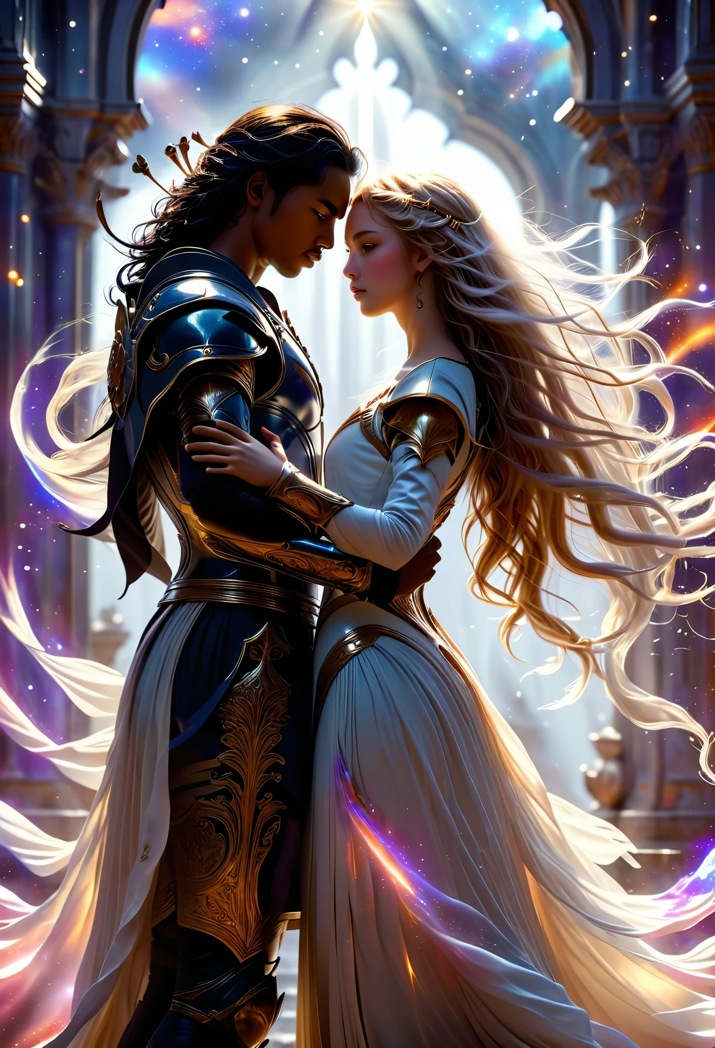 A detailed photograpy of a Loving couple in a celestial landscape, young dark-skinned couple in their 20s, on a battlefield, they fight together, a man and a woman, he is a warrior prince with long curly brown hair, he has two swords, she is a mtan-skinned blonde warrior princess with grey eyes, she has a spear, Full body, 8K, extremely detailed, high quality, (photorealistic:1.37), Full body, ideal proportions and defined complexion, meticulously crafted features, unreachable beauty, perfection, breathtaking elegance, g curves, goddess-like figures, divine symmetry, artistic masterpieces, vivid realism, hyper-detailed sculptures, life-like forms, truly awe-inspiring, impeccable craftsmanship, pure radiance, ethereal beauty, delicate contours, striking poses, sublime beauty, subtle nuances, dynamic compositions, vibrant colors, perfect lighting, soulful expressions, celestial aura, majestic presence, dreamlike atmosphere, unmatched gdetailed octane render trending on artstation, 8 k artistic photography, photorealistic concept art, soft natural volumetric cinematic perfect light, chiaroscuro, award - winning photograph, masterpiece, perfect composition, beautiful detailed intricate insanely
