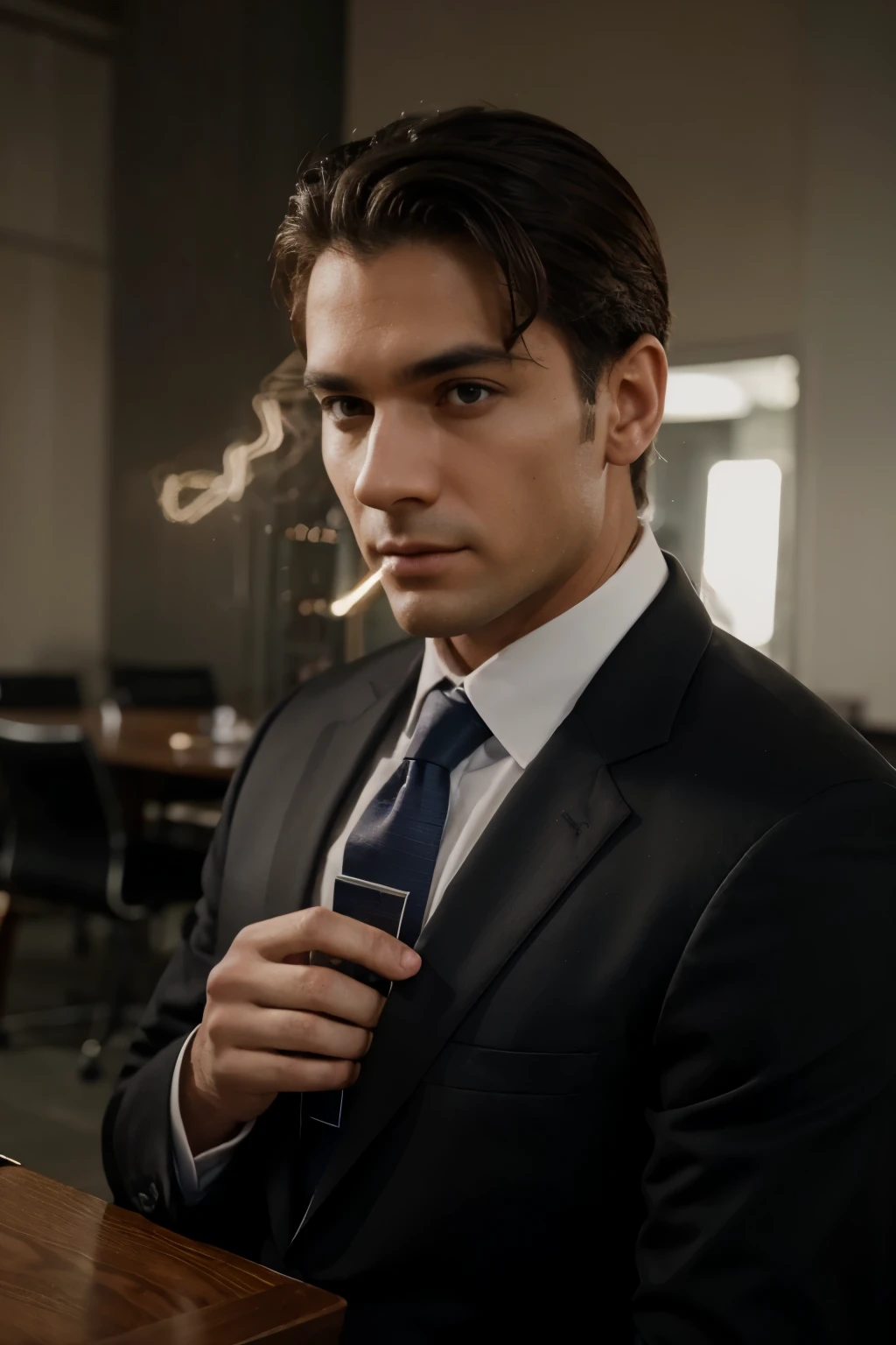 Man in a suit and tie、A photo with a straight body and head, Turn to the side that looks at the photo, Eyes fixed on the lens, You can see the shoulders and head in the photo, Man in the center of the photo, 8K, highest quality, table top, realistic, realistic photo, cinematic pictures, ultra realistic,  perfect lighting, DSRL, professional photos, 4K muscular