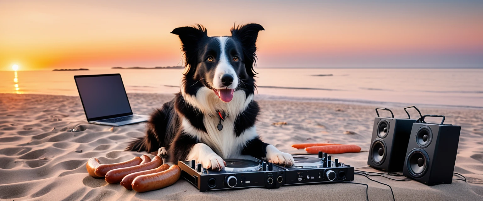 Border collie as DJ at rave party, Seamus, progressive, prog