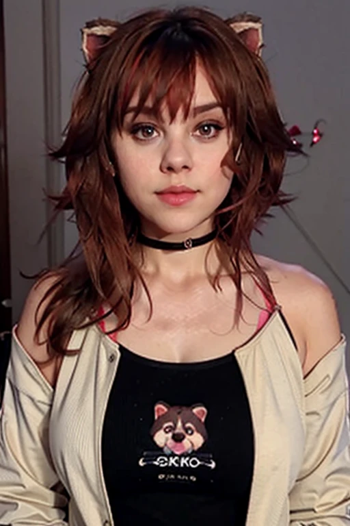 Rakkun, 1girl, solo, breasts, looking at viewer, smile, short hair, open mouth, bangs, blue eyes, large breasts, brown hair, shirt, long sleeves, animal ears, cleavage, hair between eyes, bare shoulders, collarbone, jacket, upper body, red hair, multicolored hair, choker, fang, virtual youtuber, blurry background, two-tone hair, streaked hair, halterneck, white choker, ;d, bandaid, skin fang, brown jacket, colored inner hair, multicolored eyes, bandaid on face, raccoon ears, bear ears, colored tips, bandaid on nose, raccoon girl,   