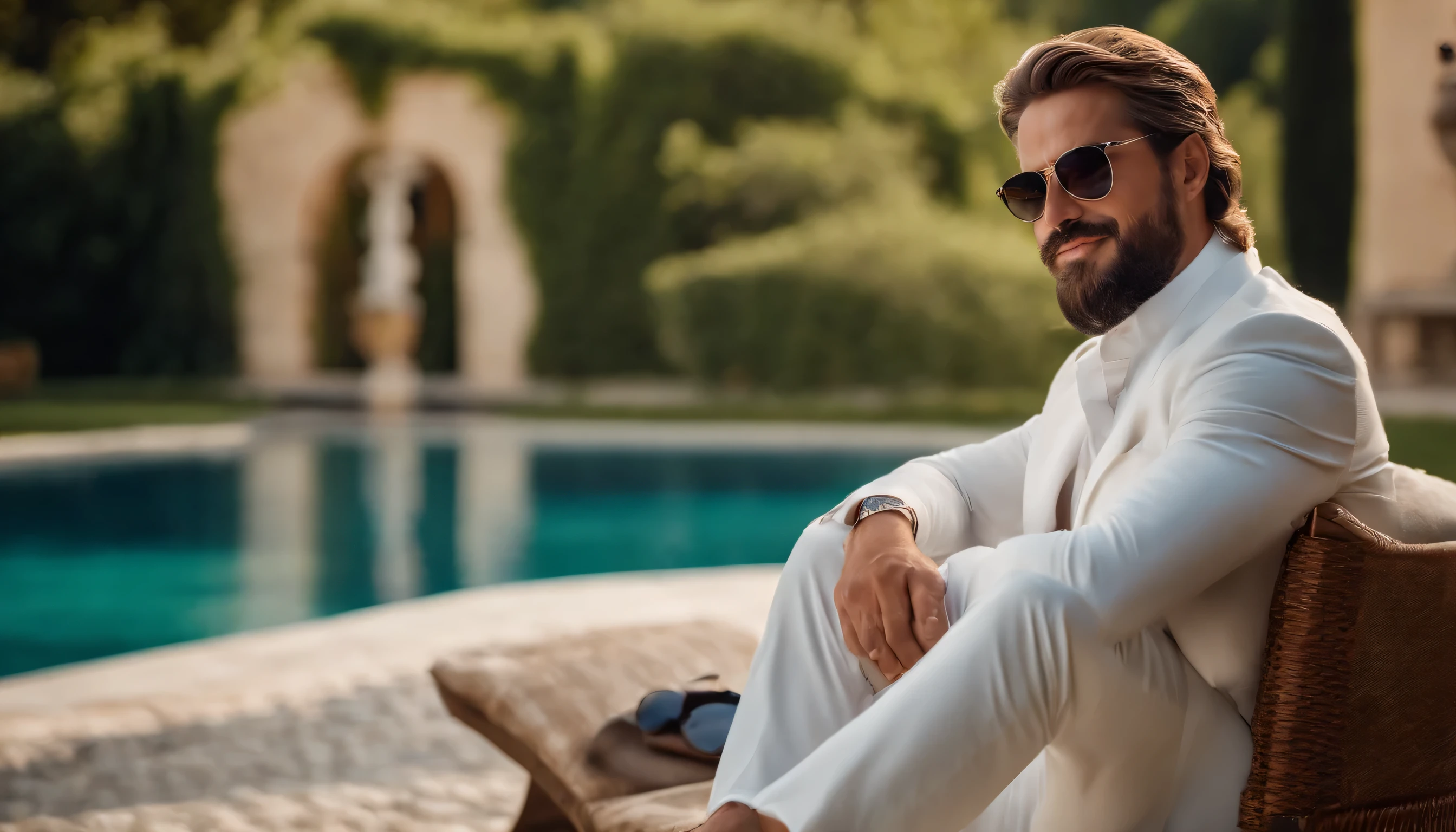 A rich man in China with a beautiful background, Bokscheschnit, Light-colored beard,Transition to a goatee,The length is 4mm (Best quality, A high resolution, tmasterpiece:1.2), Detailed and realistic display, vivd colour, Mediterranean Lighting, Oil painting, Charming Italian villa, Picturesque scenery in Tuscany, Lush green vineyards, Lake Azubraus, elegant suit, fashionable sunglasses, Luxury mansion, swimmingpool, Iot, Italian sports car, Relax your confident posture, confident smile, Summer atmosphere.