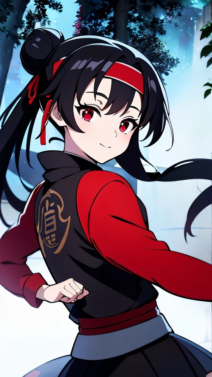 anime visual of a cute girl, young anime girl, an anime girl, ((Black hair)), ((Sharingan eyes)), red eyes, bun pigtails hairstyles, ((shinobi headband)), kunoichi, anbu armor, shinobi clothes, ((outside in the Forrest)), ((red ribbon around hair buns)), black clothes, (glowing eyes), high resolution, extremely detailed CG unity 8k wallpaper, ((masterpiece)), ((top-quality)), (beautiful illustration), ((an extremely delicate and beautiful)), (masterpiece, Best quality, ultra high resolution), 1 girl, pale skin, red eyes, Luminous_eyes, neon red eyes, ultra detailed eyes, Beautiful and detailed face, detailed eyes, (Centered, torso), (wide shot:0.9), facing the viewer, back towards camera, low angle, (floating hair), character focus, ((black light)), ((dark lighting)), cinematic lighting ,(darkness), (concept art), ((Happy face)), dark black hair, ((red eyes)), (wearing red shinobi dress), AAA cup, full body