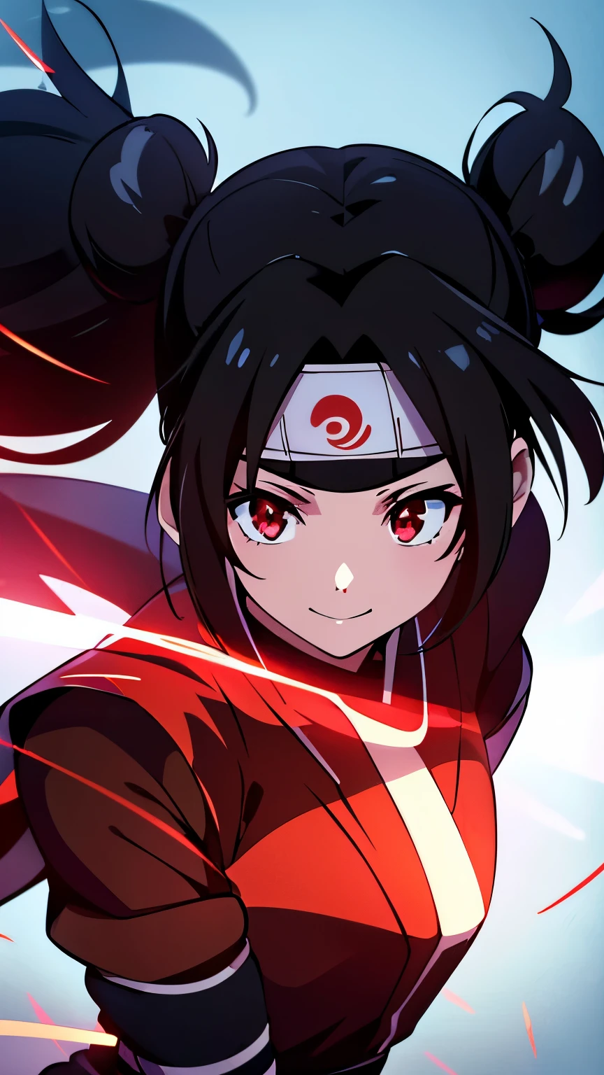 anime visual of a cute girl, young anime girl, an anime girl, ((Black hair)), ((Sharingan eyes)), red eyes, bun pigtails hairstyles, ((shinobi headband)), kunoichi, anbu armor, shinobi clothes, ((outside in the Forrest)), ((red ribbon around hair buns)), black clothes, (glowing eyes), high resolution, extremely detailed CG unity 8k wallpaper, ((masterpiece)), ((top-quality)), (beautiful illustration), ((an extremely delicate and beautiful)), (masterpiece, Best quality, ultra high resolution), 1 girl, pale skin, red eyes, Luminous_eyes, neon red eyes, ultra detailed eyes, Beautiful and detailed face, detailed eyes, (Centered, torso), (wide shot:0.9), facing the viewer, back towards camera, low angle, (floating hair), character focus, ((black light)), ((dark lighting)), cinematic lighting ,(darkness), (concept art), ((Happy face)), dark black hair, ((red eyes)), (wearing red shinobi dress), AAA cup, full body