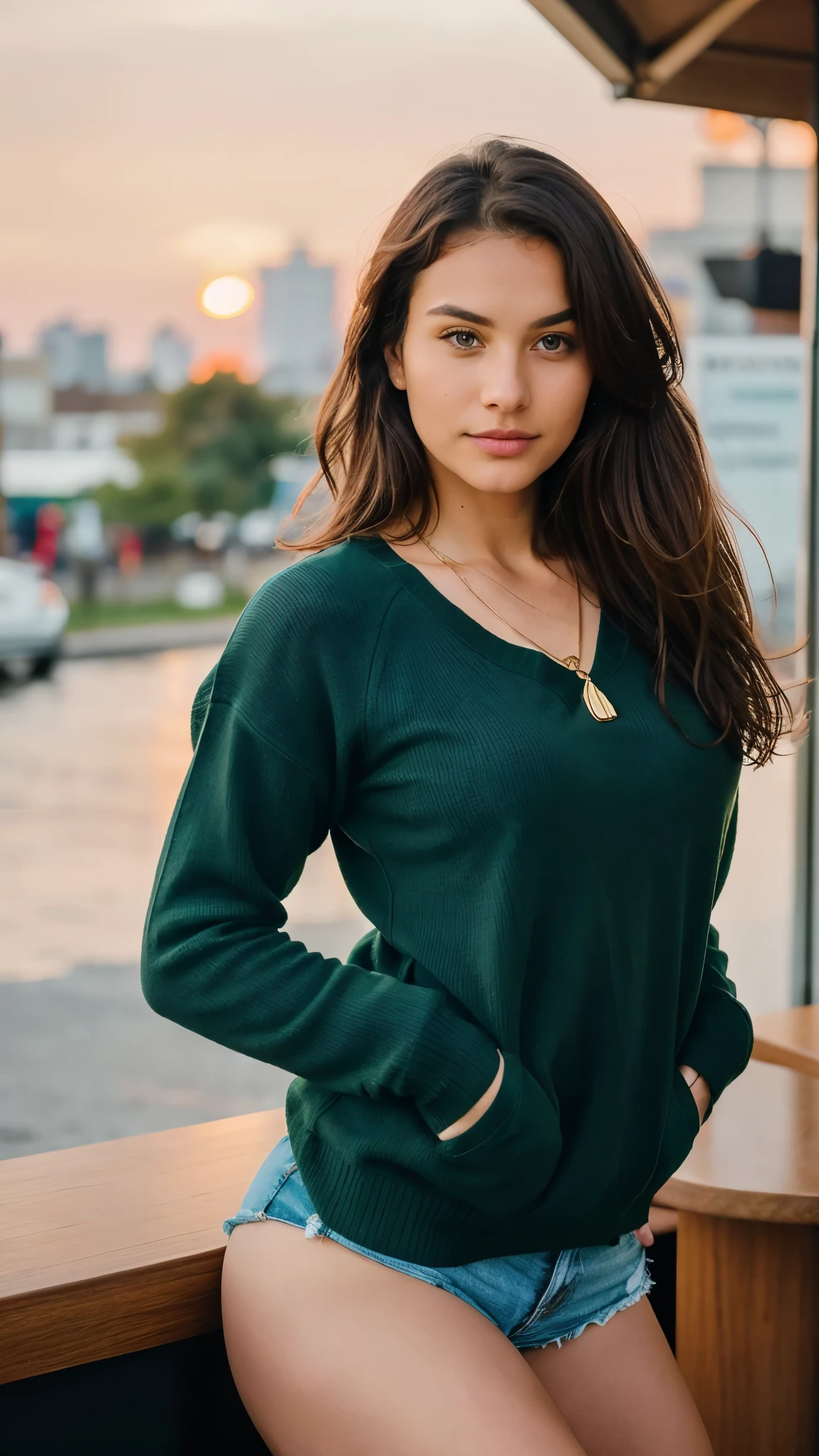 Beautiful brownie in green sweater (Drink coffee in a modern café at sunset), Very detailed, 21 years old, Innocent face, Natural wavy hair, Brown eyes, High resolution, Golden Necklace, masutepiece, Best Quality, Intricate details, Highly detailed, Sharp Focus, Detailed skin, Realistic skin texture, Texture, Detailed eyes, Professional, 4K, Charming smile, shot in Canon, 85 mm, Shallow depth of field,  Kodak Vision Color, Perfect Fit Body, Extremely detailed, a picture_\(Ultras\), Photorealistic, Realistic, Post-processing, Maximum Detail, Roughness, Real life, A hyper-realistic, Photorealism, Photography, 8K UHD, Photography