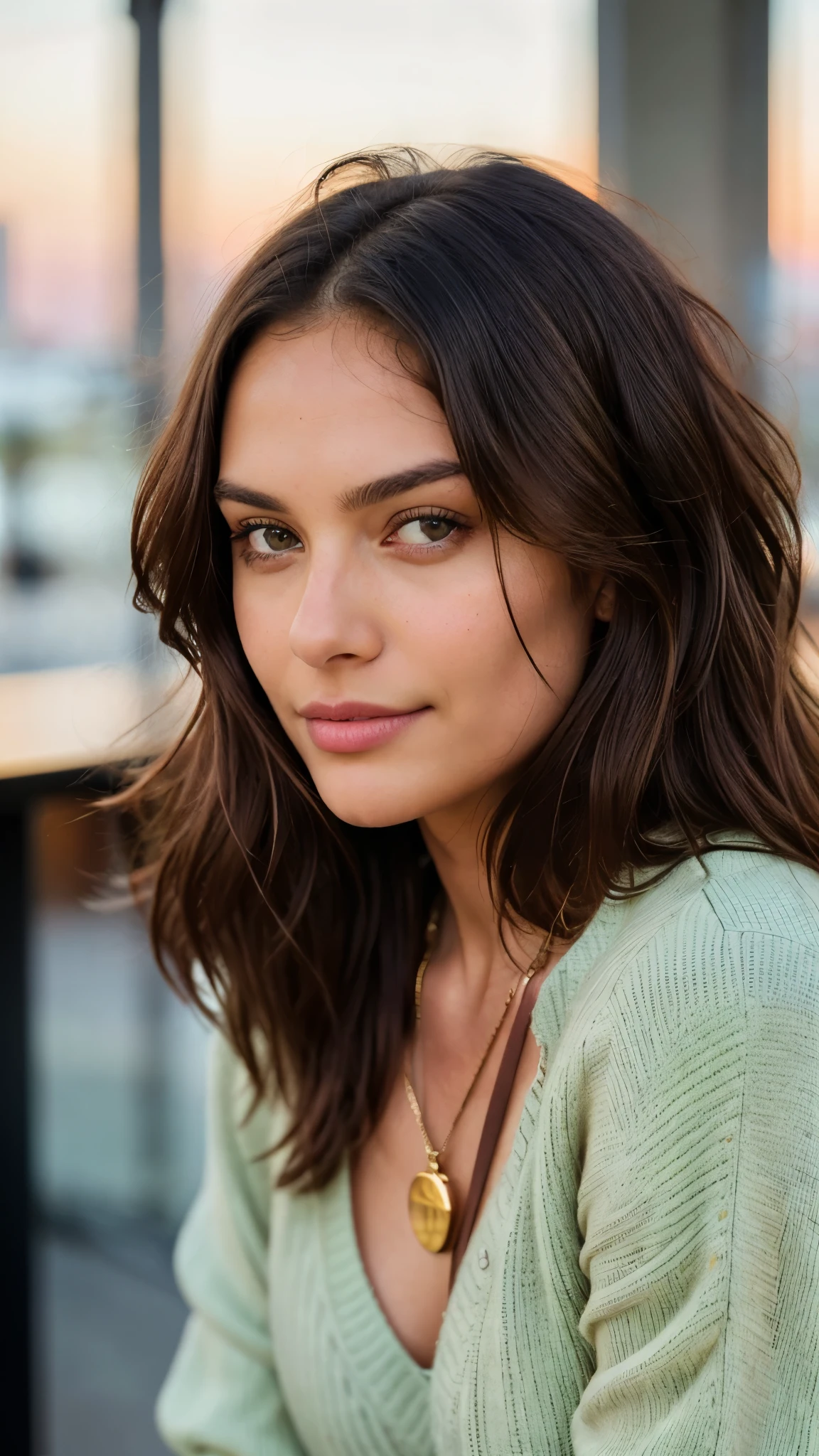 Beautiful brunette in a beige sweater (in a modern cafe at sunset), very detailede, 21 years, innocent face, natural wavy hair, green eyes, High resolution, masterpiece, Best Quality, intricate details, very detailed, sharp focus, detailed skin, texture de peau realistic, texture, detailed eyes, professional, 4k, charming smile, filmed in canon, 85mm, shallow depth of field, Kodak Vision Color, perfectly fitted body, extremely detailed, Photographyr_\(ultra\), photorealistic, realistic, Post treatment, Maximum details, roughness, real life, ultra realistic, photorealism, Photography, 8k eh, Photography, bare shoulder, very small neckline, without underwear, sexy, flirt with the camera, Se ve sexy, look directly at the camera, bare face, don&#39;t wear underwear, nipple visible under tshirt, 
