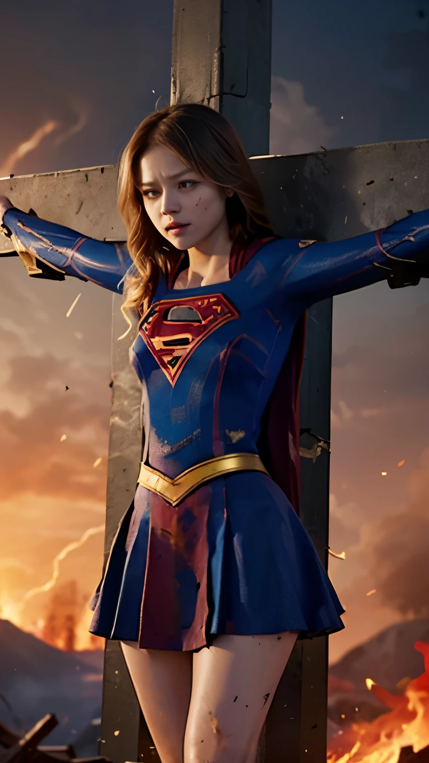 highest quality,masterpiece,UHD, Super detailed, 8K,(Beautiful woman),(一人のBeautiful woman),((crucifixion:1.5)),(((cross))),(execution),((incontinence)),scared,torture,slave,((crossにcrucifixionにされた女性:1.5)),crucifixion刑,((supergirl:1.5)),blue suit,Superman logo on chest,red skirt,red boots,((torn costume:1.5)),((Tearing of clothes:1.5)),(tattered clothes),Beaten face,顔にtraces of being beaten,((bruises on body)),scars on body,injured face and body,(Bruise, dirty, torn clothes, revealing clothes, Blood:1.3),traces of being beaten,Defeated heroine,a devastated world,ruins,abandoned building,(burning at the stake),((roasted over fire:1.2)),inflammation,(inflammationに包まれている),足下にinflammation