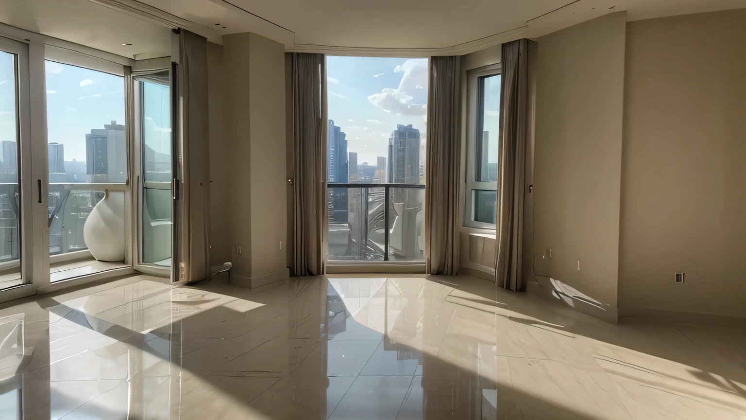 8k masterpiece, hyper realistic, ((scene with daylight)), ((soft light))eye level view camera angle of a well lit luxury penthouse apartment space with luxury decor