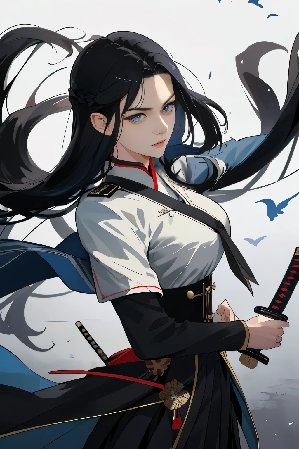 Japanese katana sword、Samurai Sword、whole body、White one-piece military uniform.、 pitch-black hair,(table:1.2, Best quality), (finely detailed beautiful eye: 1.2), (detailed background,dark fantasy), (beautiful detailed face), High contrast, (better lighting, Very gentle and beautiful), ((cinematic light)), colorful, hyper detail, Dramatic light, complex parts,Очень Blue eyes, Shining eyes, Long hair fluttering in the wind、large full breasts、Bust strap、white military uniform, skirt by, large full breasts, Long hair fluttering in the wind, swords, jet black hair, Blue eyes, black tie, Bust strap, serious look,