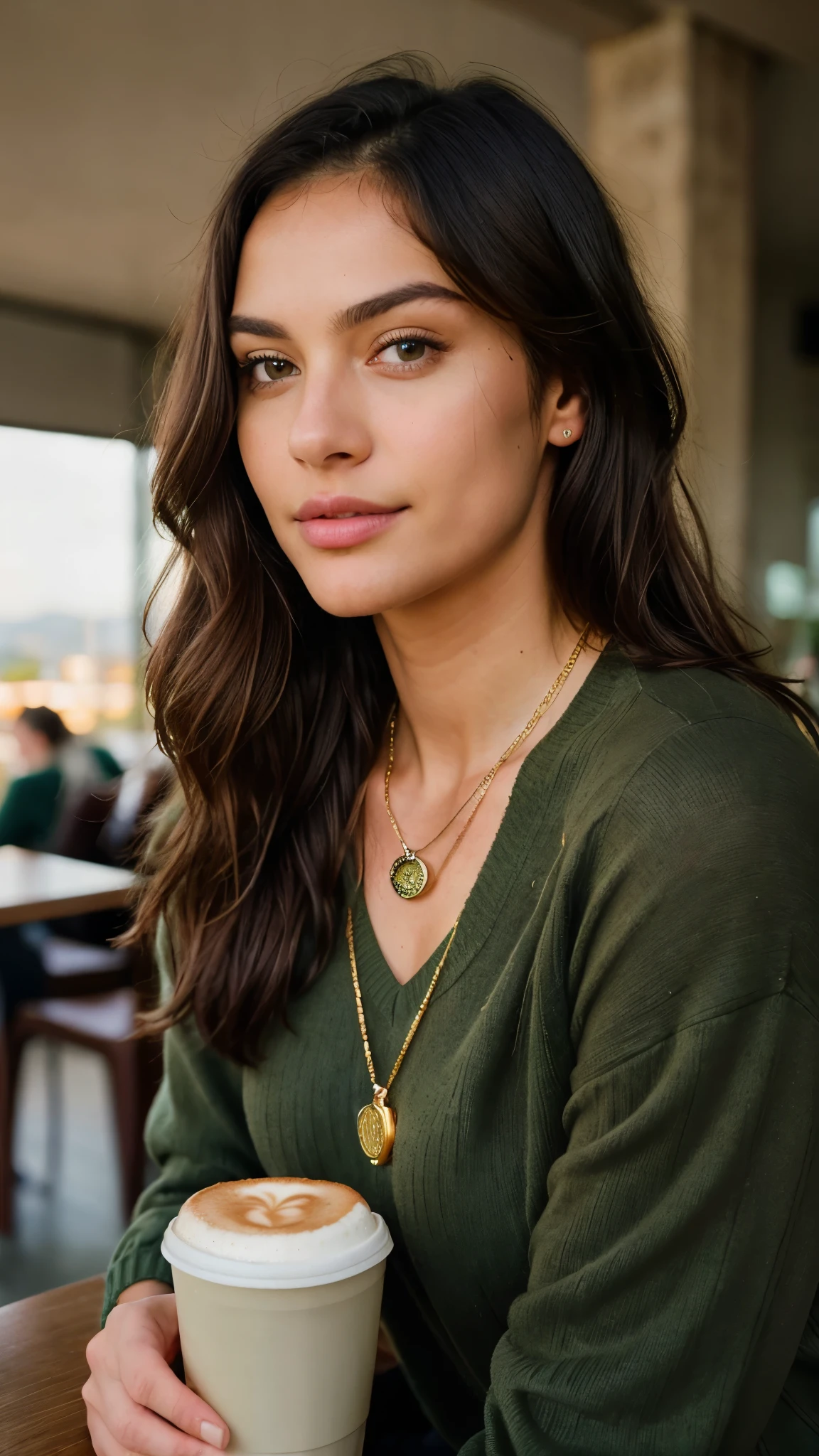 Beautiful brownie in green sweater (Drink coffee in a modern café at sunset), Very detailed, 21 years old, Innocent face, Natural wavy hair, Brown eyes, High resolution, Golden Necklace, masutepiece, Best Quality, Intricate details, Highly detailed, Sharp Focus, Detailed skin, Realistic skin texture, Texture, Detailed eyes, Professional, 4K, Charming smile, shot in Canon, 85 mm, Shallow depth of field, Kodak Vision Color, Perfect Fit Body, Extremely detailed, a picture_\(Ultras\), Photorealistic, Realistic, Post-processing, Maximum Detail, Roughness, Real life, A hyper-realistic, Photorealism, Photography, 8K UHD, Photography