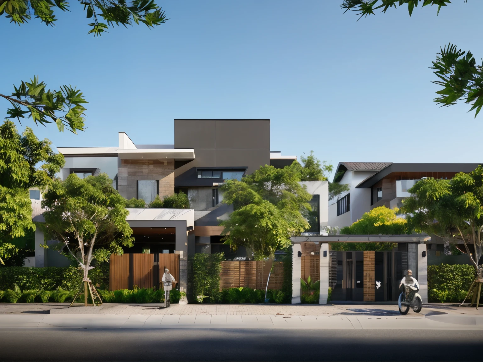 Photo brute,chef-d'artwork, High quality, best quality, authentique, Great detail,
Outside, en plein air, style de maison moderne dans la rue , curved arch, glass windows, grille, plafond en bois,
route,pavement, herbe, des arbres, ciel, nuage, (jour:1.1), couleur vive