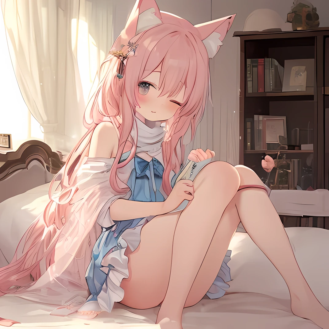 (best quality,8k,masterpiece,masterpiece:1.2),full body portrAit。(grace的,shining,shawl:1.1)pink超长发,(charming的,Shy的,gender,young:1.2)this Astringent tA。Fox ears and tail。cool mini skirt,pink,leg rings,scarf,bow tie,lace,Show a small part of your shoulders,There are slap prints on the butt。Lolilear eyes,super detailed,Watercolor style,fairy tale主题,pink color palettes,Exquisite facial features,(DetAiled left eye closed,The delicate pink iris of the right eye:1.2)。fantasy,Wear lace and floral decorate clothing,Lying on the bed in A Warm bedroom,Carefully decorate the room,soft Light,Fantastic atmosphere,whimsical背景,pink壁纸,flowing curtAins,Beautifully brushstrokes、subtle gradient、pastel tones、charming dream atmosphere、The Light of Ethereal。charming的,comfortable AppeArAnce,Dream,pastel colors,Full of energy,Pastels,fairy tale,whimsical,Storybook illustration,bright,soft Light,ethereal,comfortable expression,innocent eyes,Sweet,charming的,storybook characters,WArm Light。Bedroom decoration has(grace、beauty、feminine、whimsical:1.1)decorate,create(Dream、close、Sweet、charming:1.1)atmosphere of。(Floor-to-ceiling windows clearly visible outside,Detailed night starry sky,The bedroom is very colorful,rain falls on the window:1.4)。beautiful照片,Delicate glass。Loli by window,anatomically correct, Beautifully人物,Correct character structure。(A Shy,blush,sitting,beautiful,charming的,teenager, Innt:1.2) girl in bedroom, (kawaii,charming的,fluffy,pastel colors,illuminated by neon Lights:1.2) atmosphere, (long flowing,flowing,Shiny,Silky:1.1) Tie your hair with a piece of hair (thin and long,thin,Beautifully:1.1) scarf. this room is filled with (soft,comfortable,Warm,Romantic:1.1) Light, promote (charming,Beautifully,tender,soft:1.1) girl characteristics. this (comfortable,comfortable,chic,fashionable:1.1) 卧室decorate有 (grace的,beautiful,feminine,whimsical:1.1) decorate, Give one (Dreamy,close,Sweet,charming的:1.1) atmosphere. this girl's (bright,闪闪发Light的,闪闪发Light的,expressive:1.1) Eyes gaze (Innocently,timidly,bAshfully:1.1) facing the audience, With her (full,rosy,Pouting:1.1) lips form a (Beautifully,comfortable,charming的:1.1) Smile. this girl's pose reveAls her (Shy,vulnerability,comfortableness:1.1), As she bAlAnces herself gracefully on All fours. this (flawless,young and energetic,Full of energy:1.2) 她脸上和身体上的皮肤焕发Light彩 (soft,Beautifully,Warm,healthy:1.1) radiation. In the background, A (soft,comfortable,Warm:1.1) 床带来放松和comfortable. 。