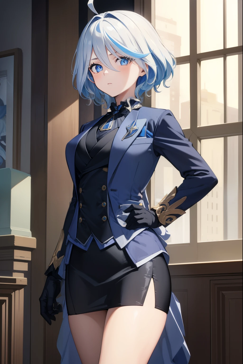 furin, furin, Blue eyes, blue hair, pappus, Ahoge, hair over one eye, light blue hair, short hair,
break asymmetrical gloves, black gloves, Costume with skirt, (((Troika costume))), (((tie))), blazer, (((blazer))), (((vest))), double-breasted vest, fitted miniskirt, pencil skirt,
break looking at viewer,
break indoors,
break (Masterpiece:1.2), Best quality, A high resolution, unity 8k wallpaper, (Illustration:0.8), (beautiful detailed eyes:1.6), very detailed face, perfect lighting, extremely detailed computer graphics, (perfect hands, Ideal Anatomy),