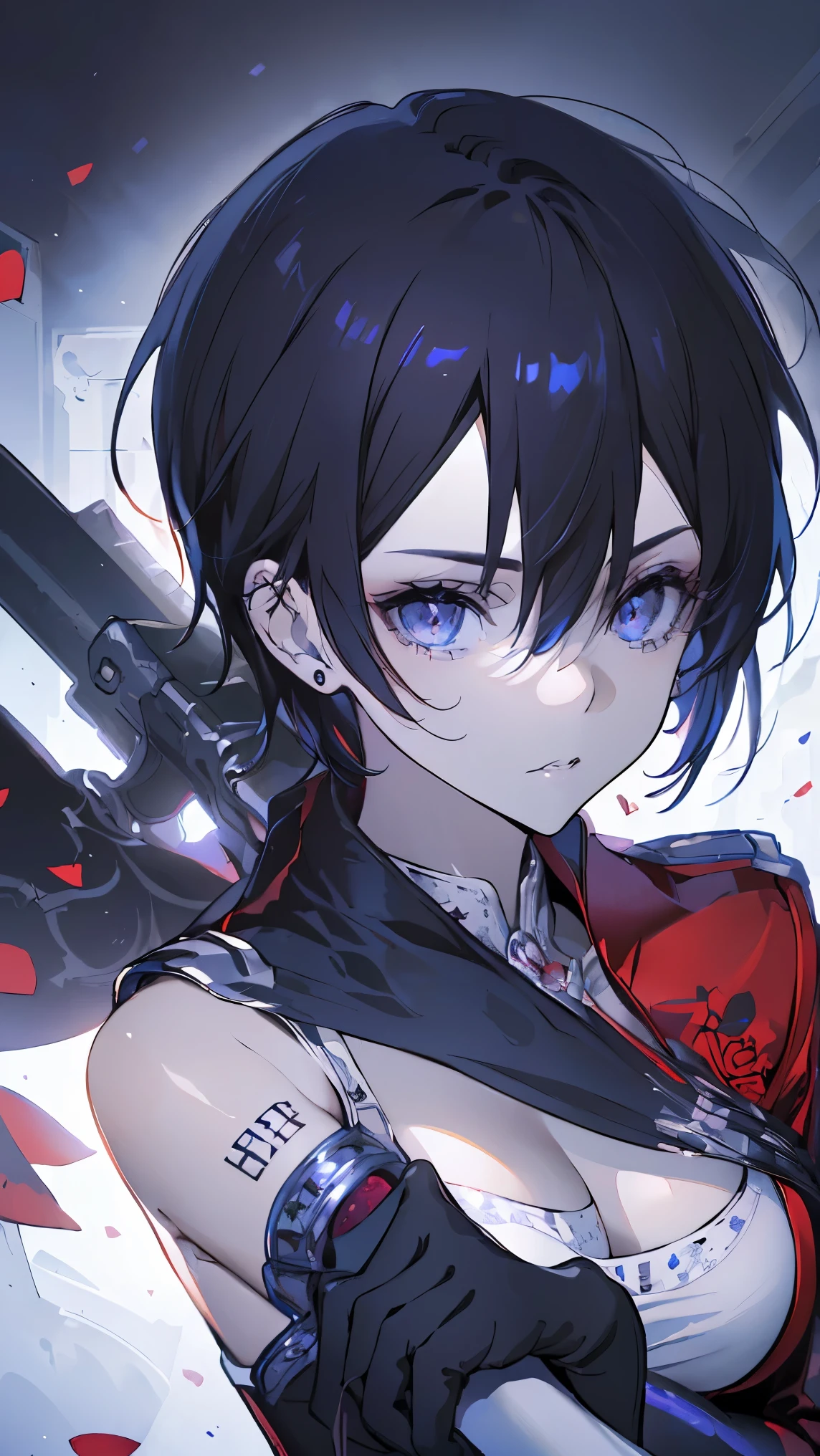((Masterpiece:1.4)、(top quality:1.4)、(realistic:1.7))、Masseter muscle film:1.4、(top rendering:1.4)、Super beautiful调查员、(holding a gun:1.2)、Tight and sexy、(glossy luxury latex:1.4)、(navy blue sleeveless jacket)、(Underwear white sexy super bikini)、(Luxurious red latex:1.4)、(Red pleated mini skirt:1.4)、22 years old、(cute tattoos:1.4)、(wearing white gloves)、kawaii girl、Super beautiful、sharp focus、(perfect female figure:1.4)、perfect proportions、upper body photography:1.4、beautiful face、Fearless look、beautiful eyes、Willow Yao、、(hair length:1.2)、Beautiful breasts、plump big breasts:1.2、sexy ass、(Stand facing forward:1.4)、original photo、red lips、red high heels:1.4、collar:1.4、A necklace:1.4、ear nipple ring:1.4、1 screen display、Beautiful night view of cyberpunk city:1.2,Female Kirito,purple eyes