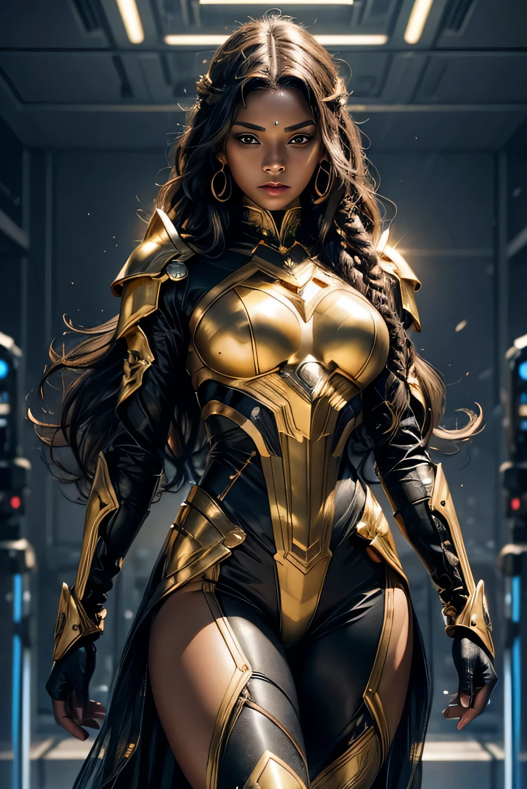 In the heart of a cutting-edge, technologically advanced battlefield, a powerful african Black girl warrior assumes a commanding stance. Her sleek futuristic armor, meticulously crafted with intricate designs, radiant shine and gold lights, hugs her toned body. The suit's polished surface beautifully reflects the vibrant, pulsating lights of her high-tech environment. With her gold braided curly hair cascading down her back, framing her strong, chiseled features, she exudes an undeniable aura of determination and strength. Her determined expression, intensified by her fierce gaze, reveals her unwavering resolve to protect and defend against any potential threat in this advanced, intricately detailed. She is beautiful, has a cute face. Her skin tone is dark brown.