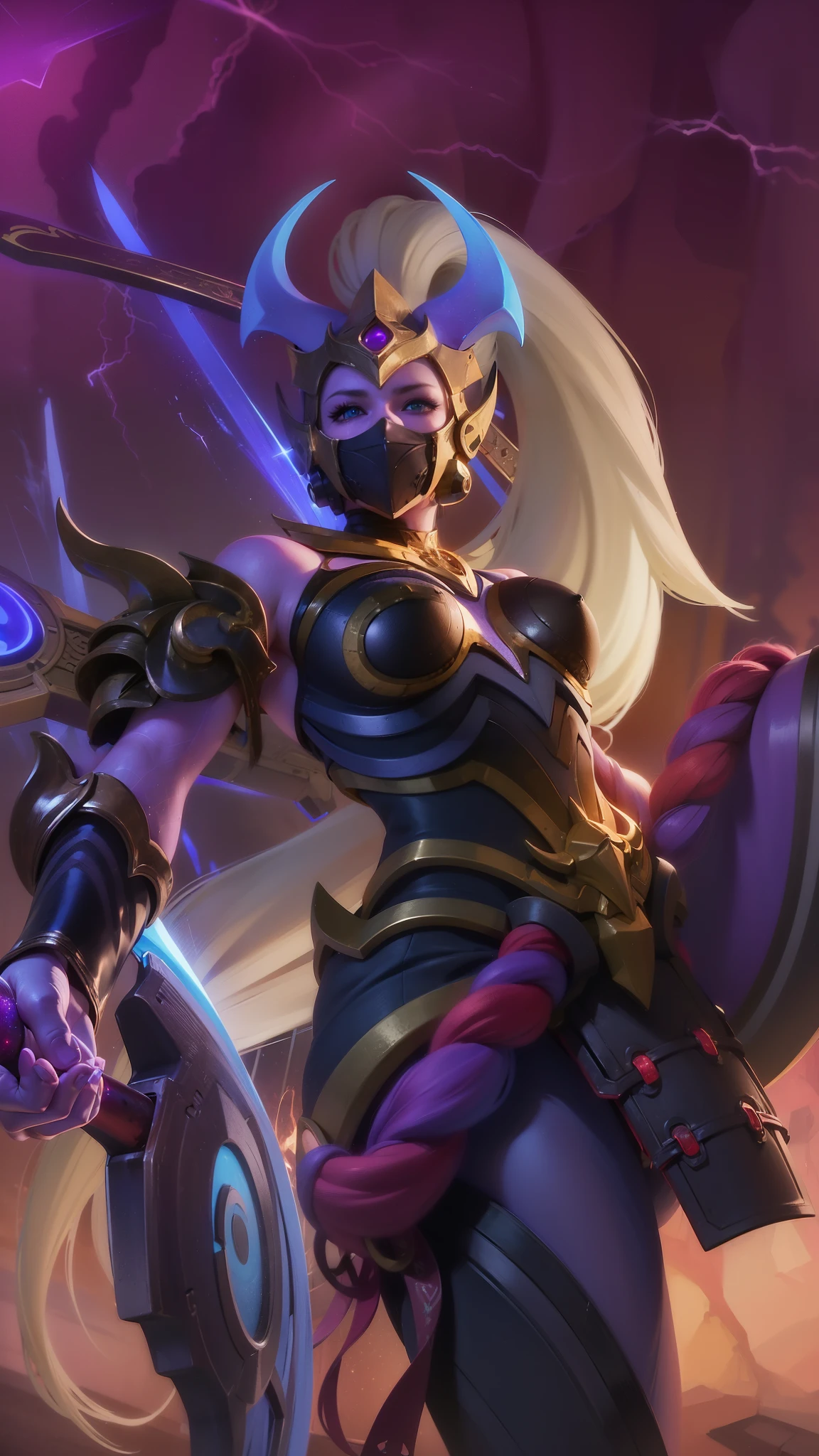 (female:1.2), 8k, ultra hd, ultra detailed texture, hyper realistic, masterpiece, detailed texture, detailed face, detailed skin, detailed lighting, (photorealistic:1.5), best quality, beautiful lighting, cinematic lighting, professional lighting, ultra highres, realistic, detailed hair, real hair, high quality, (realskin:1.5), extremely detailed, finely detail, ultra-detailed, 1girl, solo, standing, demon horns, forehead protector, (blue eyes:1.5), v-shapped eyebrow, make up, pretty, beautiful, long hair, white hair, high ponytail, large breasts, cleavage, armpit, navel, stomach, black armor, pauldrons, bare shoulders, shoulder armor, thigh high, sleevless, detached sleeves, breastplate, gauntlets, hanabi \(mobile legends\), depth of field, white skin, skin tight, amazing pose, outdoors, glowing, dark view, looking at viewer (wearing a mask:1.2)
