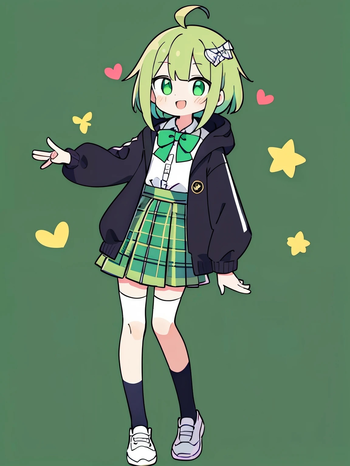 high resolution 1girl ahoge bobby_pin bow bowtie braid brOwn_目s collared_shirt dojikko_Pause_shirt frilled_shirt_color free joint_skirt frills hair_bow hair_ornament hairpin hand_upon_Own_head, heart, heart_hair_decorative hood_jacket jacket lupong_pentagon green_hair plaid plaid_ribbon plaid_pleated skirt_skirt shirt shoelaces shoes simple_background smiling face standing skirt solo star_(symbol) twin_braid light green_background white_Thighhighs, whole body