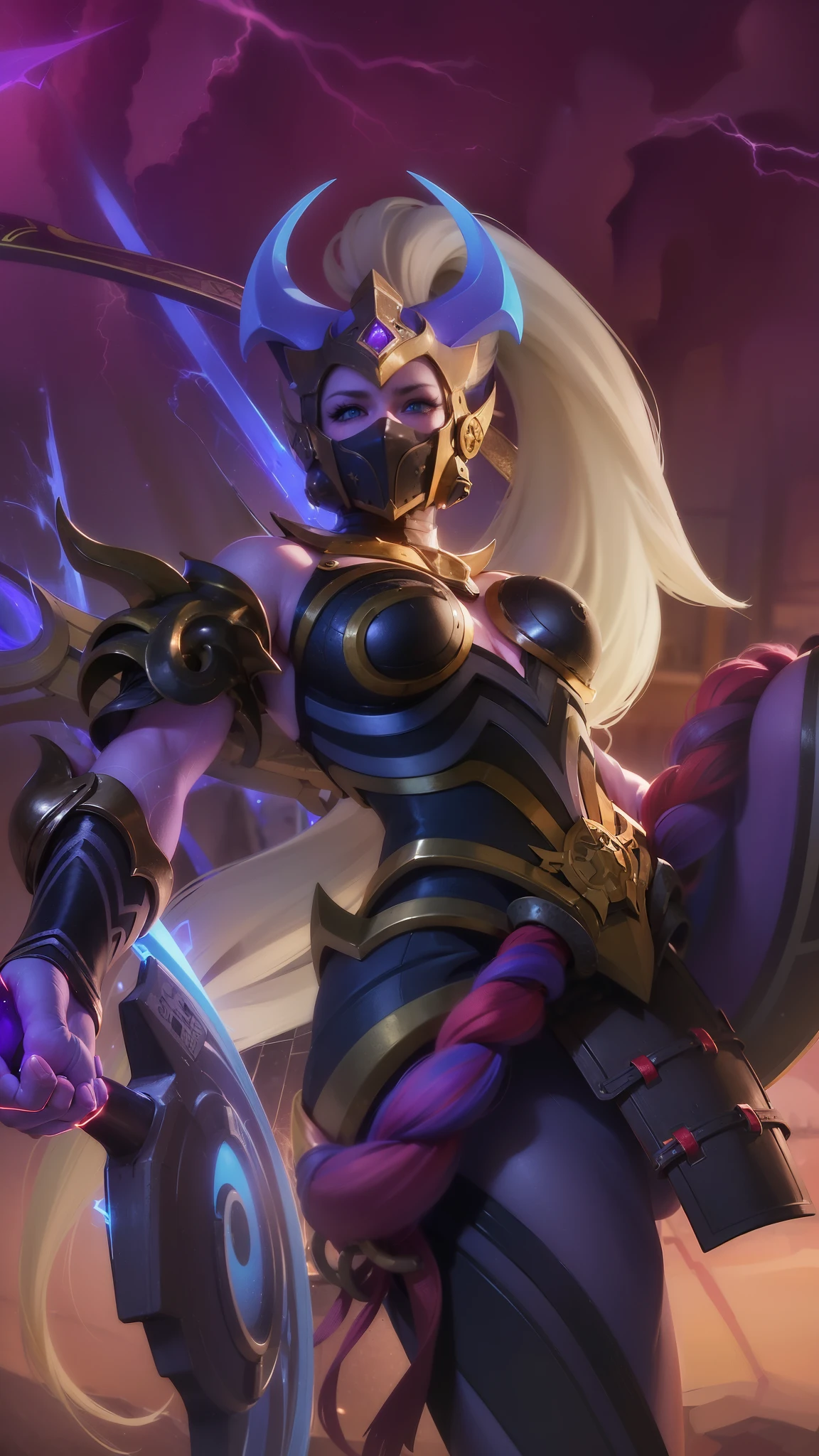(female:1.2), 8k, ultra hd, ultra detailed texture, hyper realistic, masterpiece, detailed texture, detailed face, detailed skin, detailed lighting, (photorealistic:1.5), best quality, beautiful lighting, cinematic lighting, professional lighting, ultra highres, realistic, detailed hair, real hair, high quality, (realskin:1.5), extremely detailed, finely detail, ultra-detailed, 1girl, solo, standing, demon horns, forehead protector, (blue eyes:1.5), v-shapped eyebrow, make up, pretty, beautiful, long hair, white hair, high ponytail, large breasts, cleavage, armpit, navel, stomach, black armor, pauldrons, bare shoulders, shoulder armor, thigh high, sleevless, detached sleeves, breastplate, gauntlets, hanabi \(mobile legends\), depth of field, white skin, skin tight, amazing pose, outdoors, glowing, dark view, looking at viewer (wearing a mask:1.2)