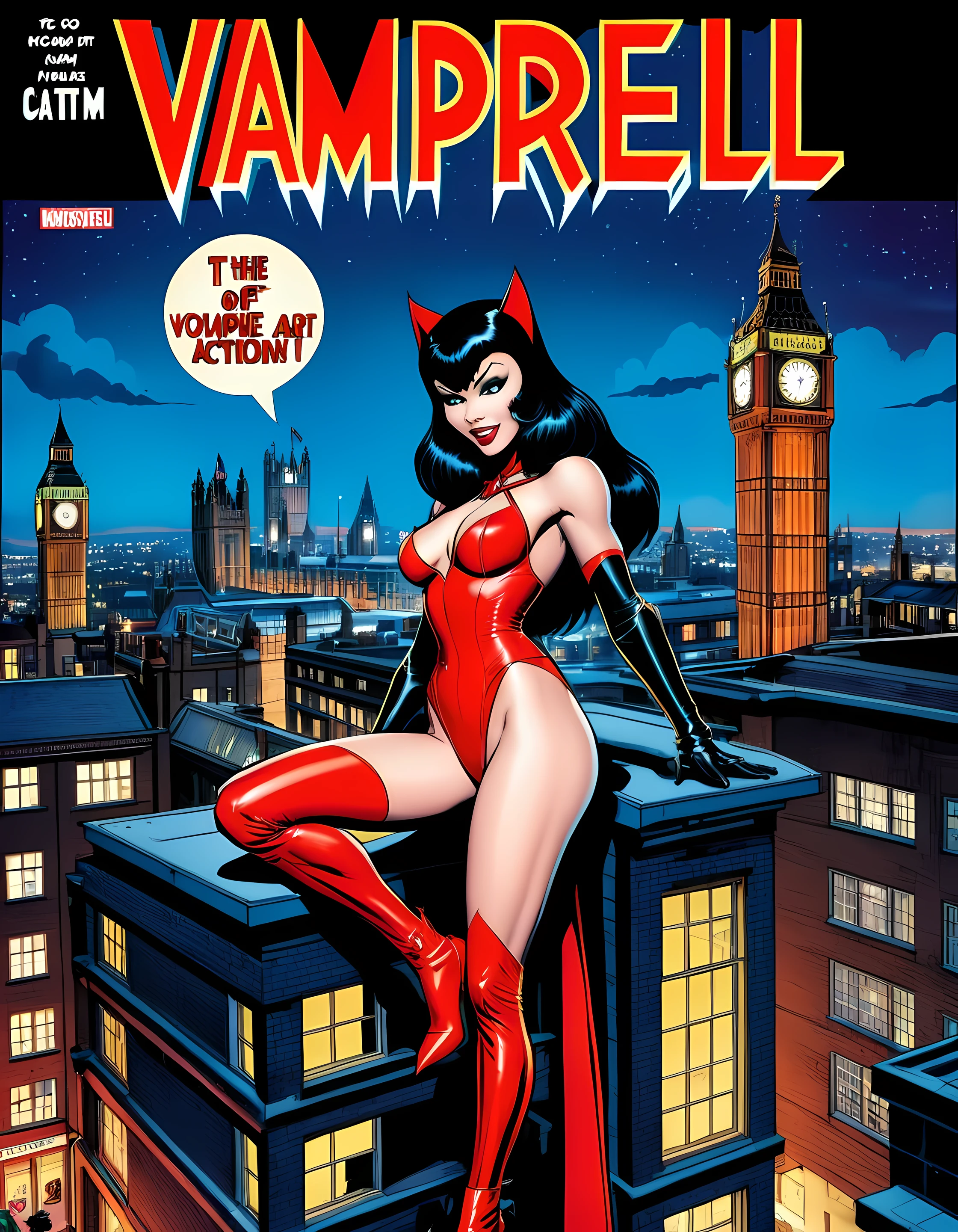 retro comic book cover, (vampirella) and (catwoman:1.12) dynamic action pose on top of building at night, london [centered-text] (detailed, high saturation), comic-art