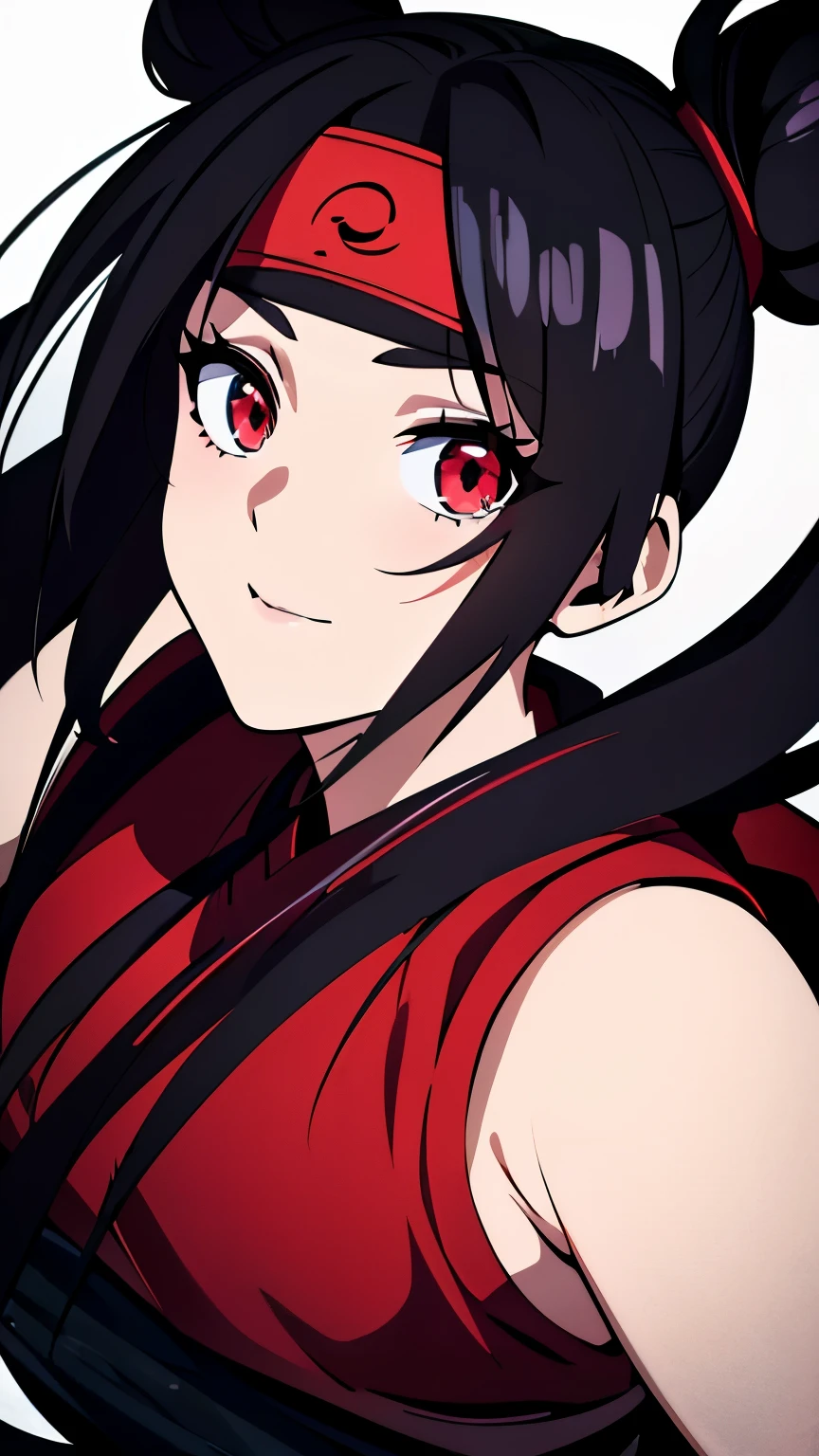 anime visual of a cute girl, young anime girl, an anime girl, ((Black hair)), ((Sharingan eyes)), red eyes, bun pigtails hairstyles, ((shinobi headband)), kunoichi, anbu armor, shinobi clothes, ((outside in the Forrest)), ((red ribbon around hair buns)), black clothes, (glowing eyes), high resolution, extremely detailed CG unity 8k wallpaper, ((masterpiece)), ((top-quality)), (beautiful illustration), ((an extremely delicate and beautiful)), (masterpiece, Best quality, ultra high resolution), 1 girl, pale skin, red eyes, Luminous_eyes, neon red eyes, ultra detailed eyes, Beautiful and detailed face, detailed eyes, (Centered, torso), (wide shot:0.9), facing the viewer, back towards camera, low angle, (floating hair), character focus, ((black light)), ((dark lighting)), cinematic lighting ,(darkness), (concept art), ((Happy face)), dark black hair, ((red eyes)), (wearing red shinobi dress), AAA cup, full body