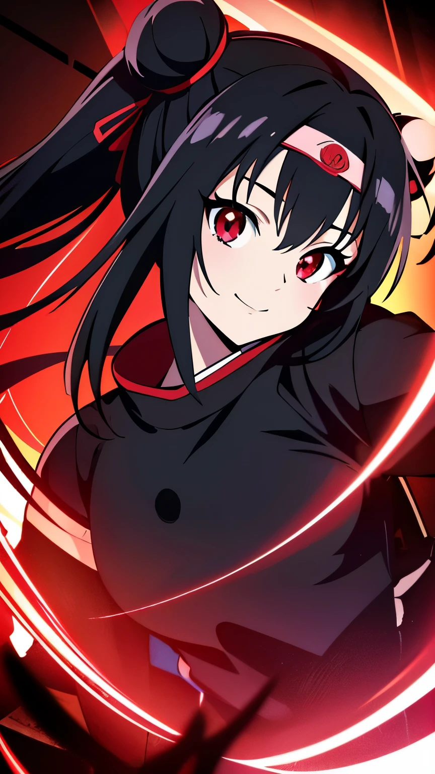 anime visual of a cute girl, young anime girl, an anime girl, ((Black hair)), ((Sharingan eyes)), red eyes, bun pigtails hairstyles, ((shinobi headband)), kunoichi, anbu armor, shinobi clothes, ((outside in the Forrest)), ((red ribbon around hair buns)), black clothes, (glowing eyes), high resolution, extremely detailed CG unity 8k wallpaper, ((masterpiece)), ((top-quality)), (beautiful illustration), ((an extremely delicate and beautiful)), (masterpiece, Best quality, ultra high resolution), 1 girl, pale skin, red eyes, Luminous_eyes, neon red eyes, ultra detailed eyes, Beautiful and detailed face, detailed eyes, (Centered, torso), (wide shot:0.9), facing the viewer, back towards camera, low angle, (floating hair), character focus, ((black light)), ((dark lighting)), cinematic lighting ,(darkness), (concept art), ((Happy face)), dark black hair, ((red eyes)), (wearing red shinobi dress), AAA cup, full body