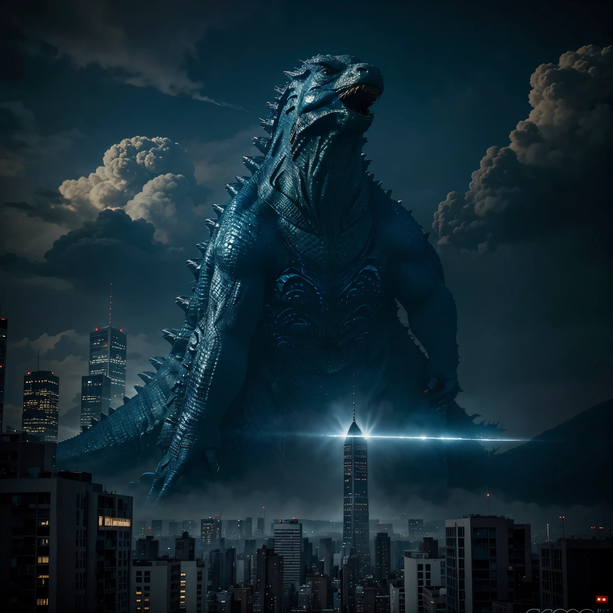blue bioluminescent godzilla rising over a city with a huge godzilla in the background, godzilla, kaiju battle, liam neeson versus godzilla, kaiju, kaiju towering above new york, dinosaurs and godzilla, shin godzilla, character portrait of godzilla, trex from godzilla (2014), monster destroying pyongyang, giant kaiju dragon monster, godzilla portrait . A stunning photo of Godzilla, a massive blue lizard, towering over a city skyline. The creature's massive size dwarfs the buildings, and it unleashes destructive force by swiping its massive claws, causing massive explosions. The city is shrouded in smoke and chaos, with citizens fleeing in terror. The atmosphere is a mix of fear and awe, as this colossal beast dominates the urban landscape., photo, cinematic