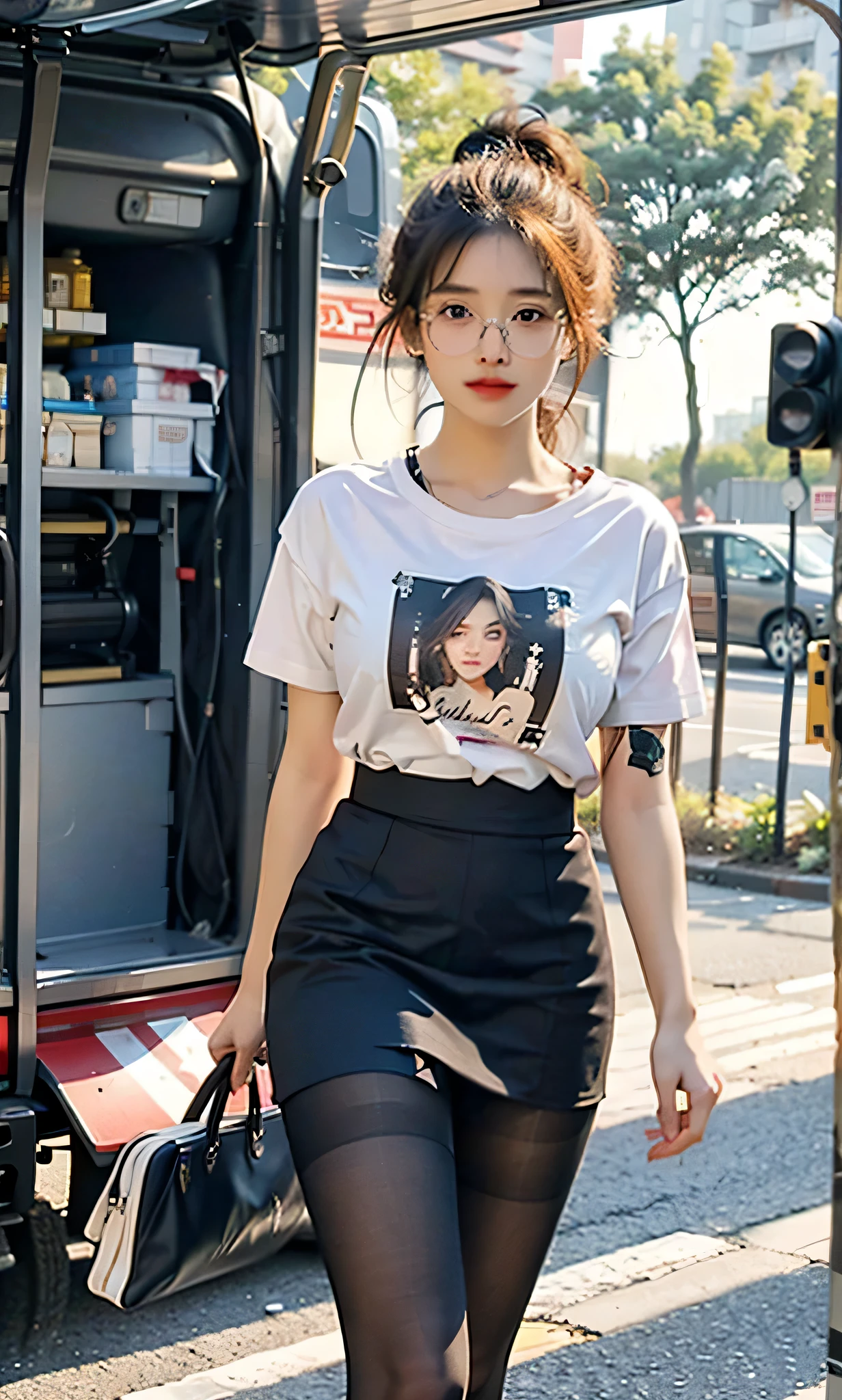 ulzzang-6500-v1.1,(original photo:1.2), (lifelike:1.4), Beautiful and delicate girl, Very detailed eyes and face, beautiful and delicate eyes, Ridiculous, incredibly Ridiculous, File size is large, super detailed, high resolution, Very detailed, best quality, masterpiece, ((t-shirt)), illustration, Very detailed, CG, unity, 8k wallpaper, amazing, fine details, masterpiece, best quality, Very detailed CG uniform 8k wallpaper, Coordinating Minister, Light, 1 girl, , long white hair, Sylvian fissure, (big breasts), (No)), (Glasses), (dynamic poses), (sexy pose), ((camel toe))), (half), (pantyhose)), ((black hip skirt)), (bend knees))))))