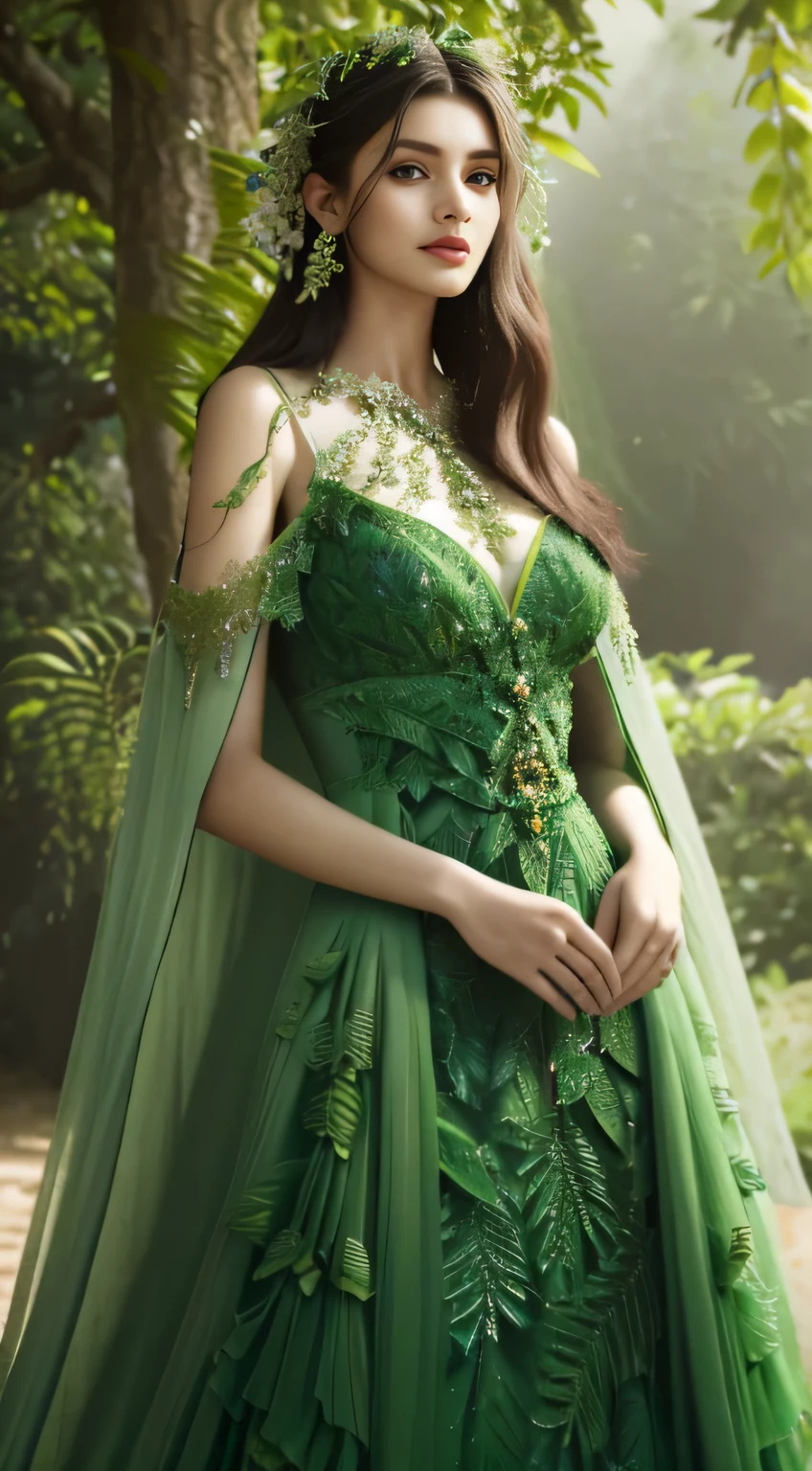 Wearing a green dress、Alafid woman with flowers and cloak, clothes made of green leaves, intricate gown, fantasy long intricate gown, Intricate Fantasy Dress, fine art fashion photography, a complicated dress, 飘逸robe, Leaves of clothes, Detailed clothing and face shape, Elegant fashion model, clothes made out of leaves, robe. extremely high detail, wearing a gorgeous dress