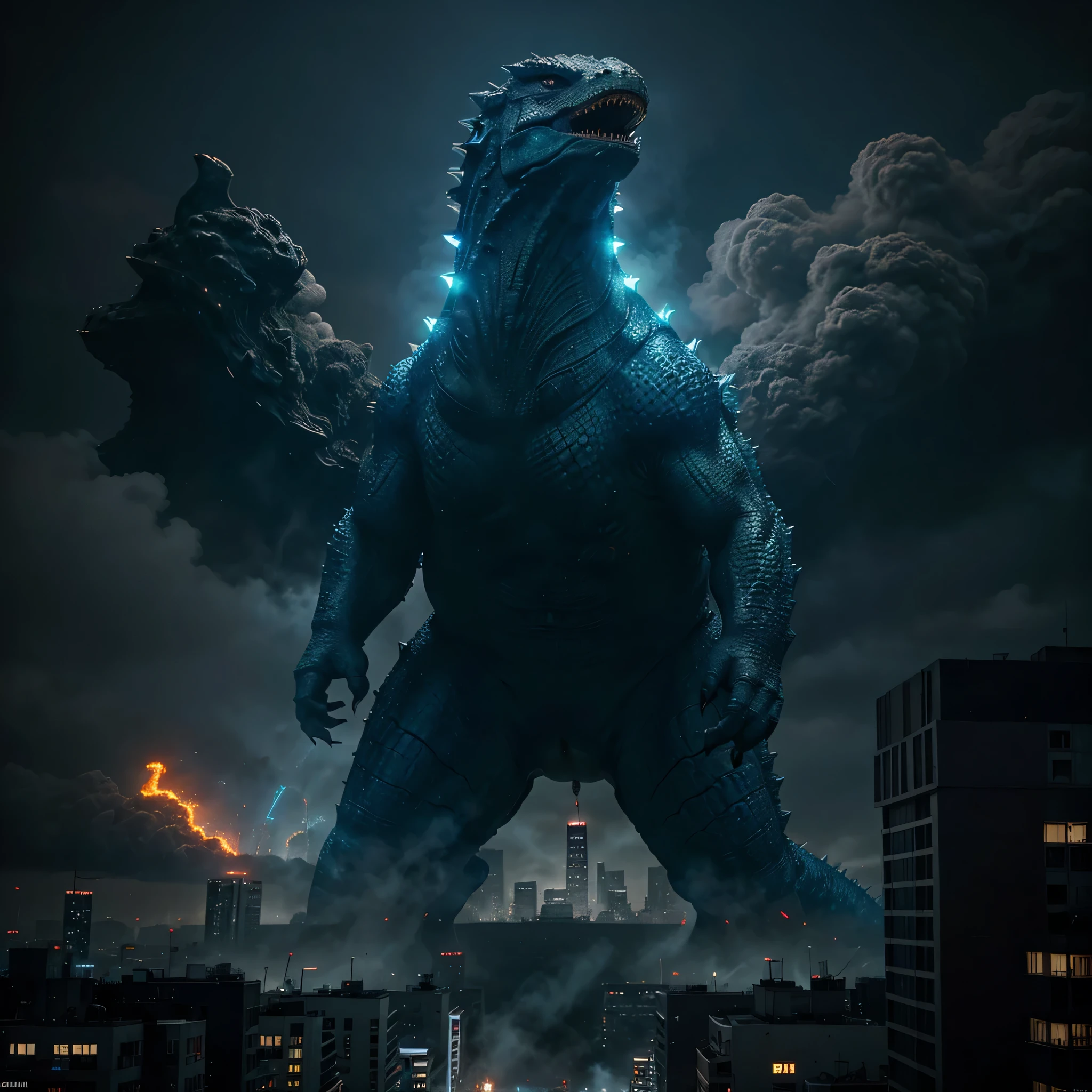 blue bioluminescent godzilla rising over a city with a huge godzilla in the background, godzilla, kaiju battle, liam neeson versus godzilla, kaiju, kaiju towering above new york, dinosaurs and godzilla, shin godzilla, character portrait of godzilla, trex from godzilla (2014), monster destroying pyongyang, giant kaiju dragon monster, godzilla portrait . A stunning photo of Godzilla, a massive blue lizard, towering over a city skyline. The creature's massive size dwarfs the buildings, and it unleashes destructive force by swiping its massive claws, causing massive explosions. The city is shrouded in smoke and chaos, with citizens fleeing in terror. The atmosphere is a mix of fear and awe, as this colossal beast dominates the urban landscape., photo, cinematic