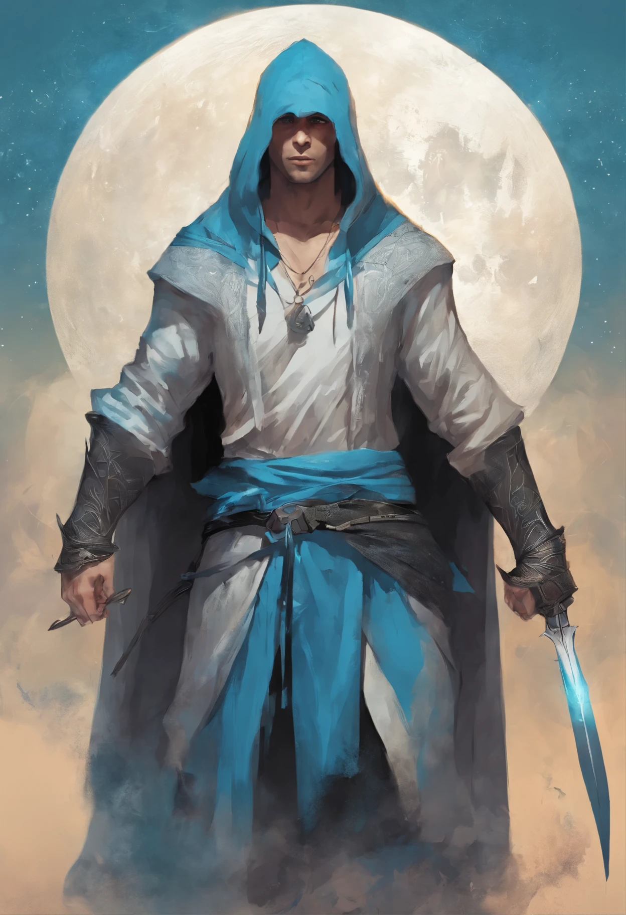 stocky man, blue hair, black eyes, slightly white skin, wearing a plain black t-shirt, wrapped in a white middle black hoodie with open head , black pant , mixed black and white shoes, cold expression, wielding full pitch black sword