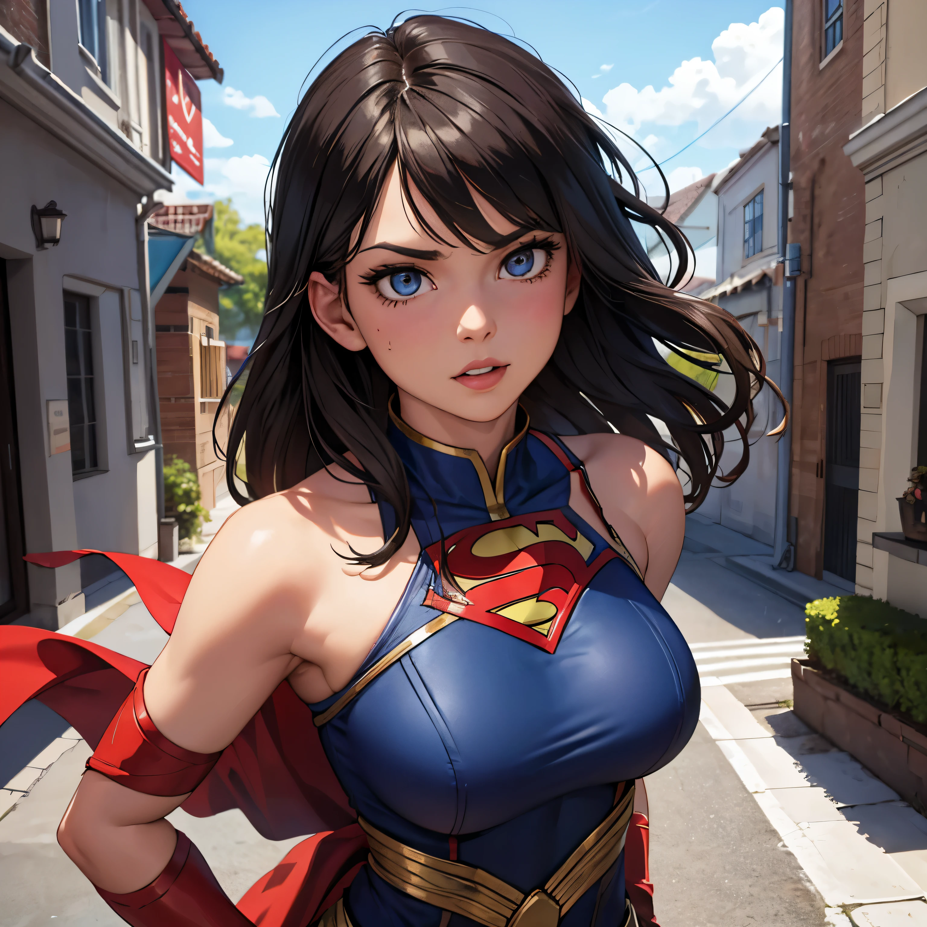 1girl, Wonder Woman, skirt, golden details, moon, flashlight, night, solo, wet, wading, water, flower, outdoor, sky, full moon, rain, black hair, off shoulder, mountain, cloud, holding, girdle, bare shoulders, paper flashlight, standing, night sky, sideboob, obi, wet clothes, bangs, tree, sideways, reflection, short hair, cloudy sky, wet hair (((masterpiece),  (extremely detailed 8k CG wallpaper), best quality, solo, 1girl, cinematic lighting, detailed background, beautiful detailed eyes, bright pupils, (an extremely delicate and beautiful), (beautiful and detailed eye description), ultra detailed, masterpiece,)),