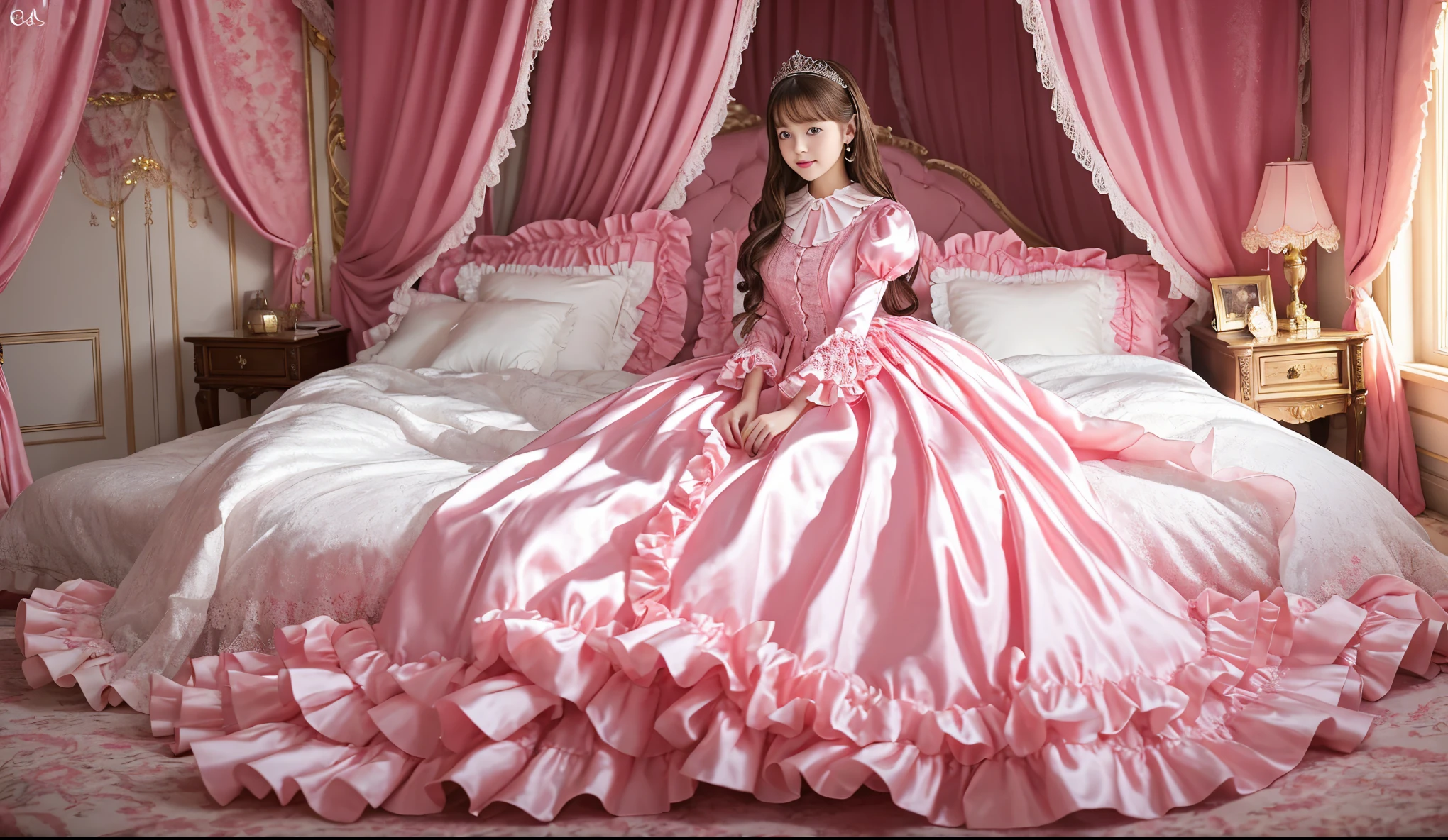 ,highest quality, masterpiece, highest resolution, artwork, super それにget used to it, many get used to it, get used to it, それにget used to it, 3K realistic photos,,((10 year old little girls)),Super detailed baby face,both are princesses,detailed luxury tiara,Full length ball gown dress with hoop skirt,ruffle yoke collar,Detailed braided ribbon at chest,puff sleeves,long sleeve,((lolita style hot pink princess satin dress、Comes with lots of frills and ribbons。)),crazy'colorful fashion,shiny silk satin dress,soft and smooth silk satin fabric,luxury,Very long blonde hair,blue eyes,white skin european,pajamas,((inside the palace)),Princess dancing happily,gorgeous flowing dress,fine white frills and lace,Super long hair that is as tall as your body,white long socks,drawers with lots of frills,castle bedroom at night,Super long flowing hair,on the bed,豪華な天蓋付きon the bed,巨大な広いon the bed,Pink pillow with lots of frills,Silk satin pink curtains with luxurious ruffles and ribbons surround the bed,princess sitting on bed,Pillows piled up behind the princess,A princess leaning on a pile of pillows,Long hair scattered like a fan on the bed,(((Both legs are completely hidden inside the dress))),((((round futon)))),((((A large futon with frills that covers the entire bed)))),detailed comforter,Detailed bed sheets,