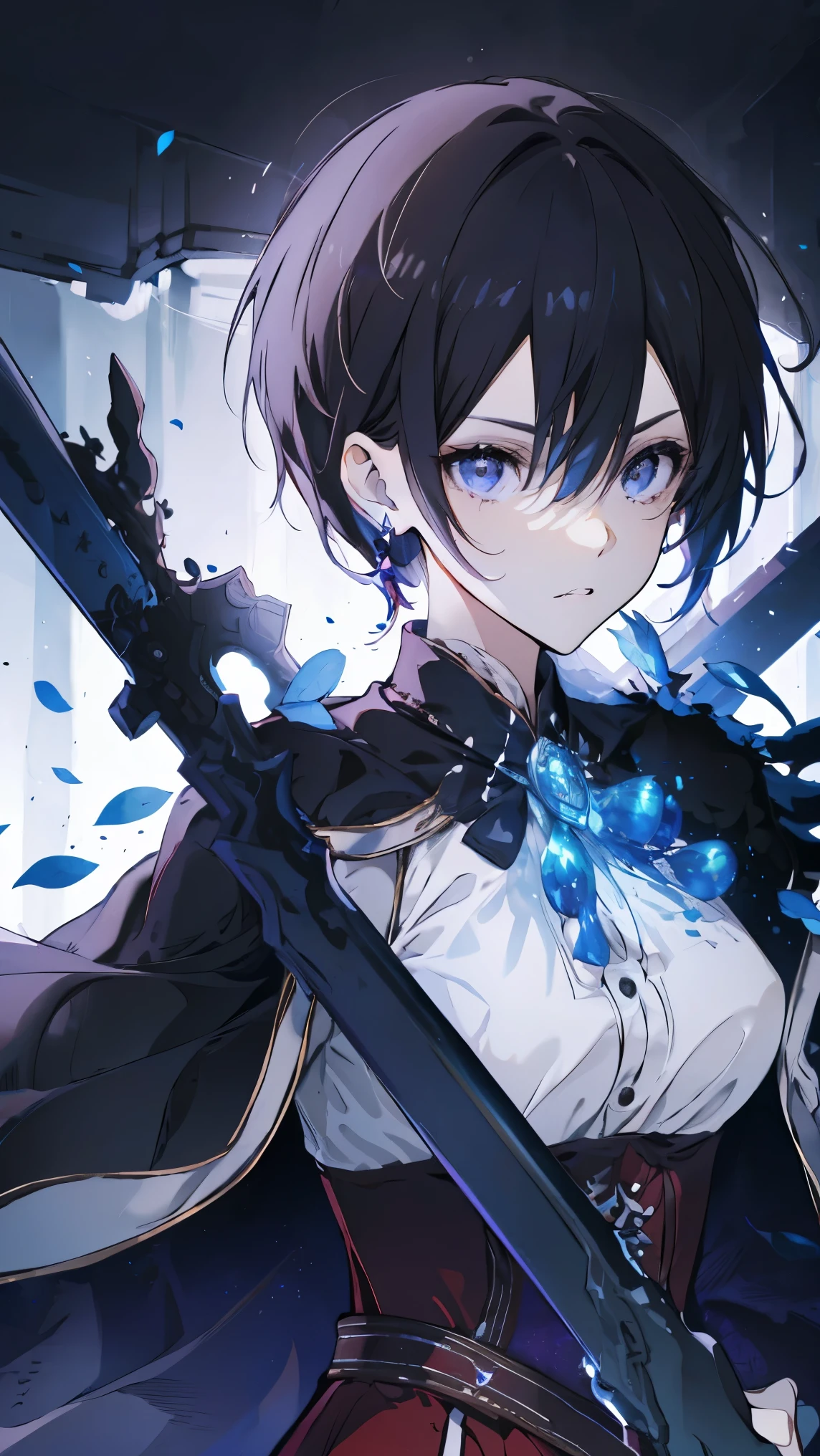 Female Kirito，purple eyes，Two dimensions，anime style，one person（female warrior），proportions are correct，facial details，swordsman，red dress，long black hair，neck detail，There is an Adam&#39;apple，suit，joke，robe，clothing details，surrender，long sleeves，Game quality，sword fight，Ray tracing，Ray tracing，Detailed glow，CG rendering，hair details，charming eyes，beautiful，（girly），Costumes are complicated，in the forest，night，starry sky，Perfect composition，Refinement，high quality，More detail，Lots of details，Complex background，a sense of atmosphere，