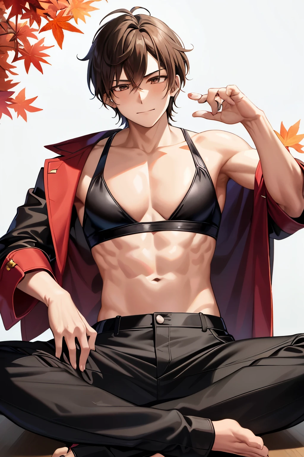 Brauni, a charismatic Yappatron in anime style, sits before a table adorned with the best quality items. He has short, braided brown hair that falls over his shoulders, framing his bright, beaming eyes. Bras peek out from under his open leather jacket, revealing his toned, muscular chest. A blush tints his cheeks, adding to his sweet and happy demeanor. The background is set against the serene beauty of autumn foliage, with a crimson leaf falling gently near his feet. His hands, perfect in their anatomy and detail, are resting calmly on the table, displaying his perfectly manicured nails. A soft smile graces